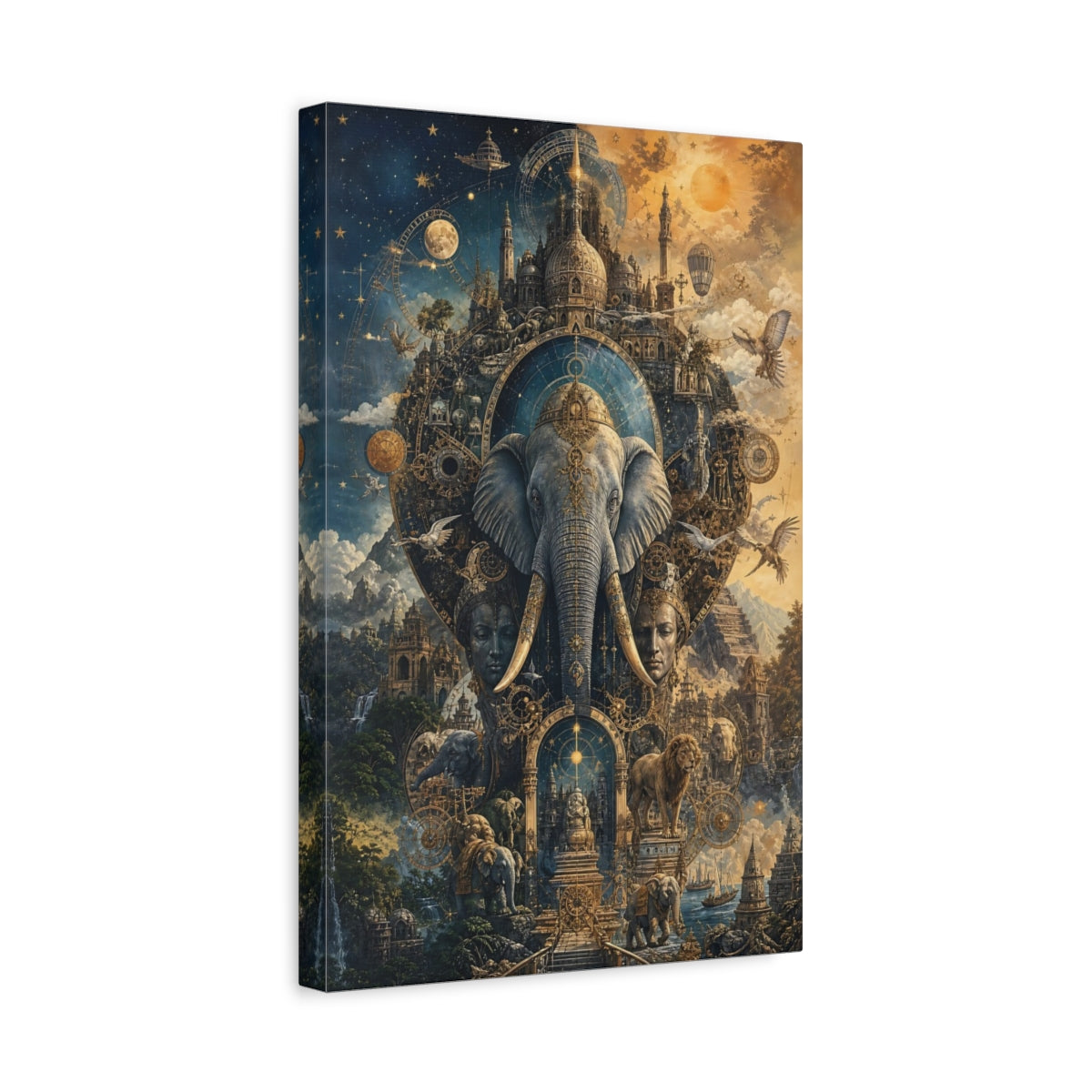 Side Mockup 4. Science Fiction Elephant Golden Celestial shown as stretched canvas wall art