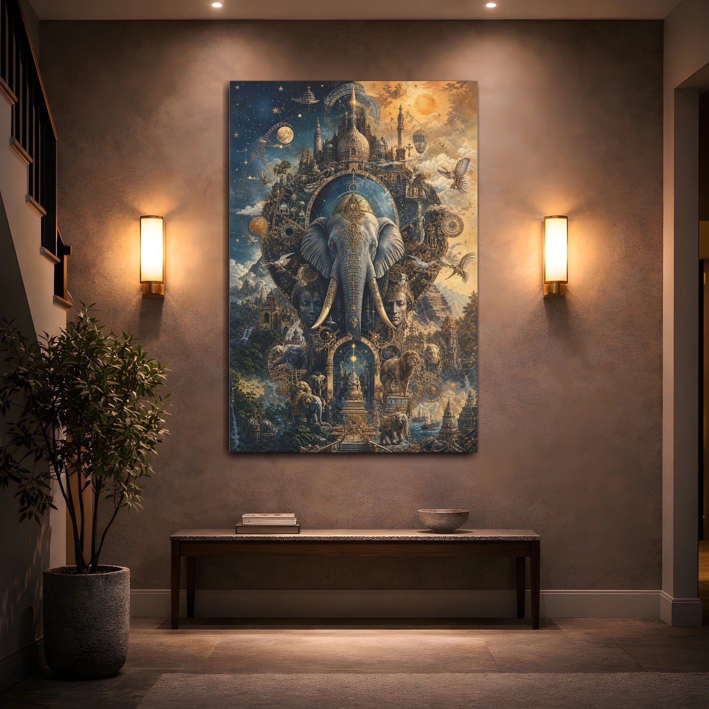 Mockup 2. Science Fiction Elephant Golden Celestial shown as stretched canvas wall art