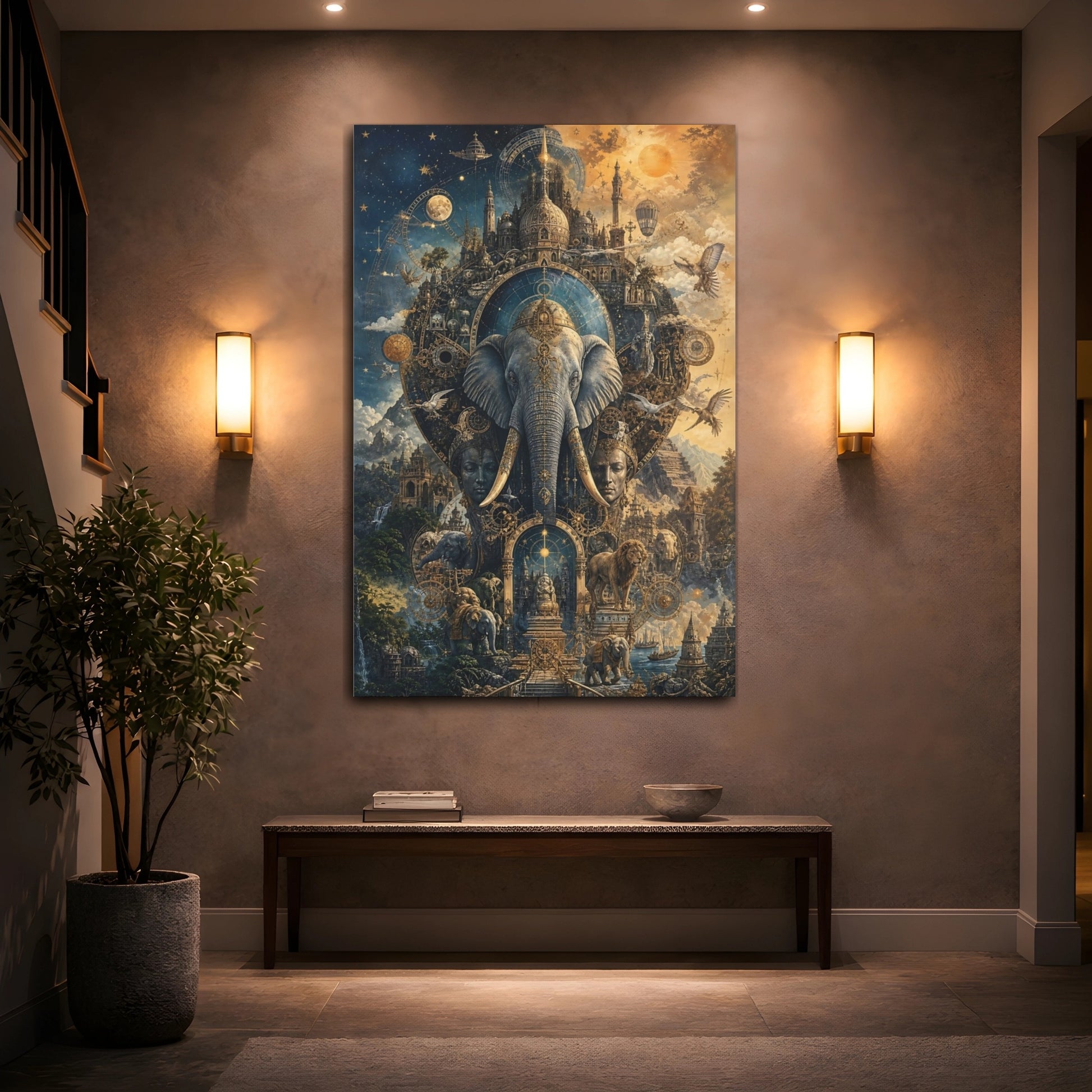 Mockup 2. Science Fiction Elephant Golden Celestial shown as stretched canvas wall art
