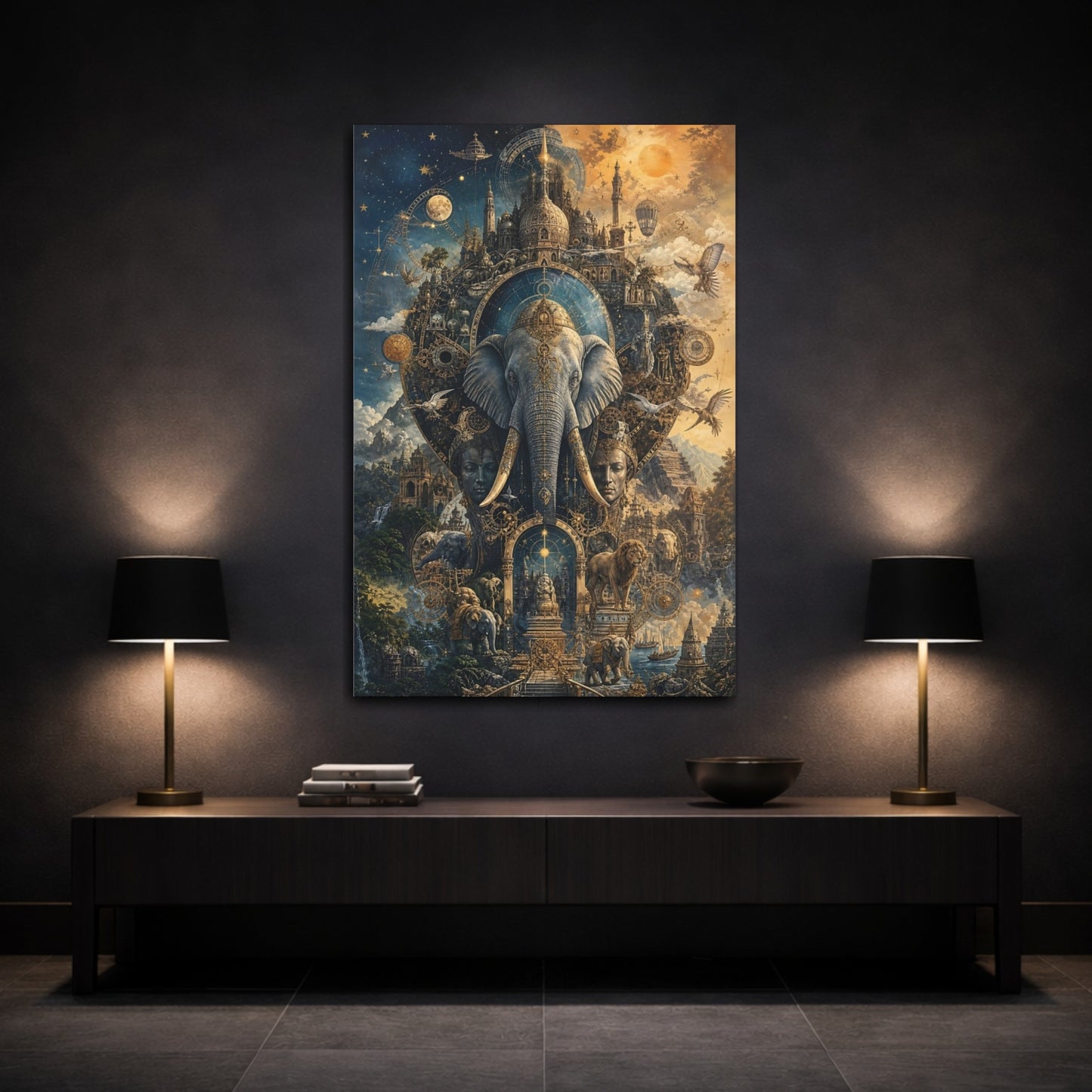 Mockup 3. Science Fiction Elephant Golden Celestial shown as stretched canvas wall art