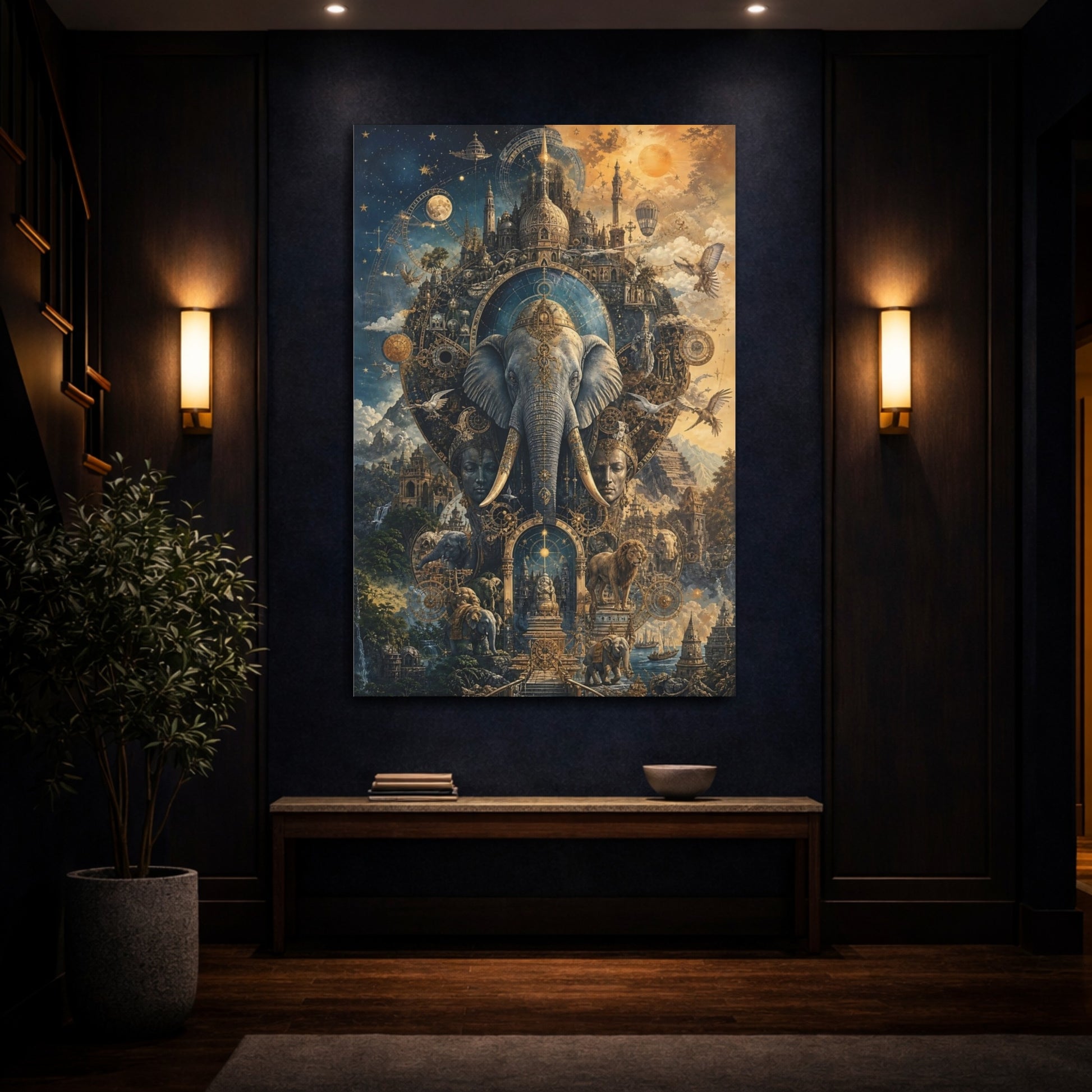 Mockup 4. Science Fiction Elephant Golden Celestial shown as stretched canvas wall art