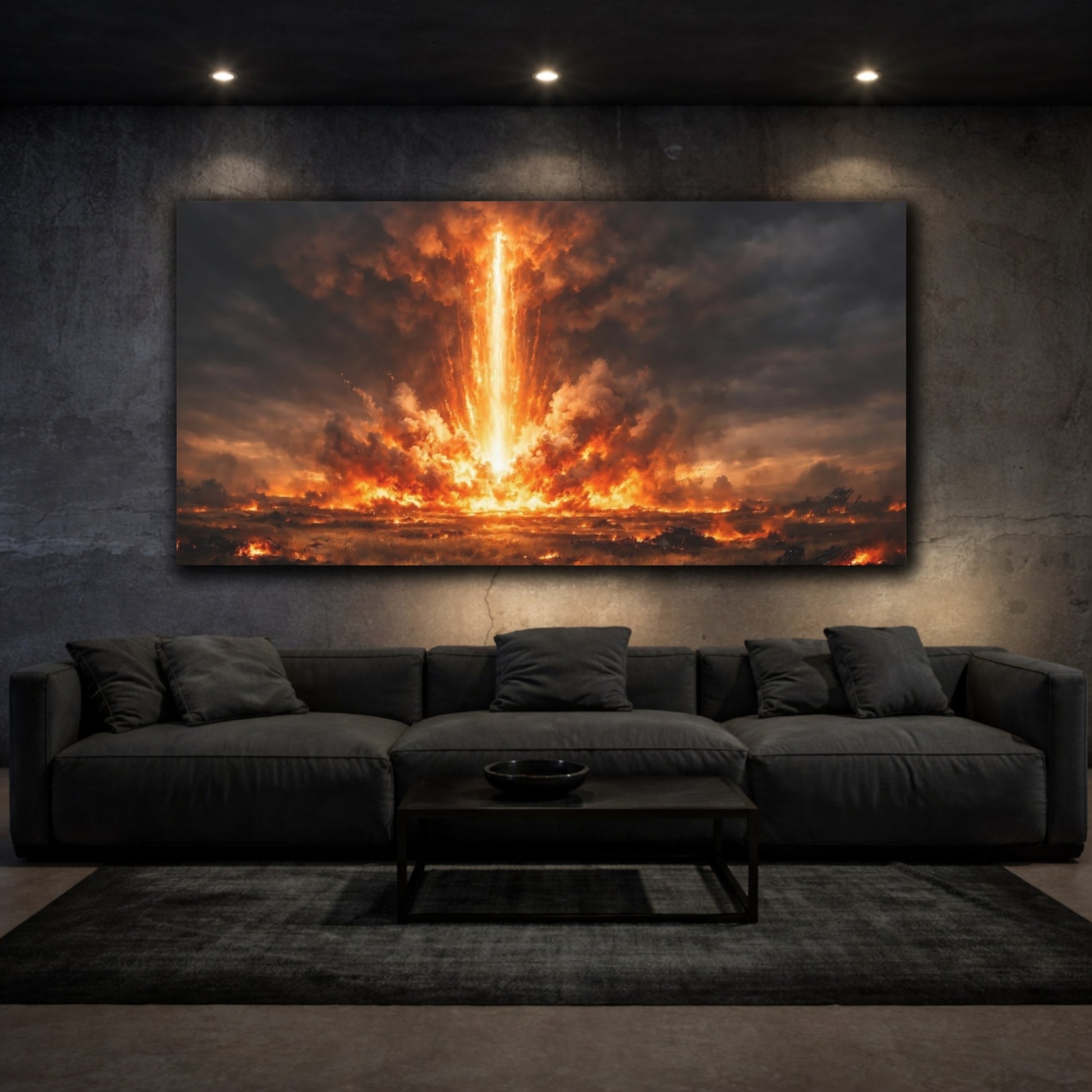 Mockup 2. Science Fiction Energy Beam Orange And Black Explosion shown as stretched canvas wall art