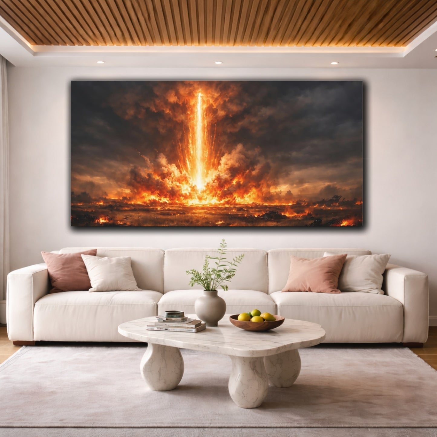 Mockup 3. Science Fiction Energy Beam Orange And Black Explosion shown as stretched canvas wall art