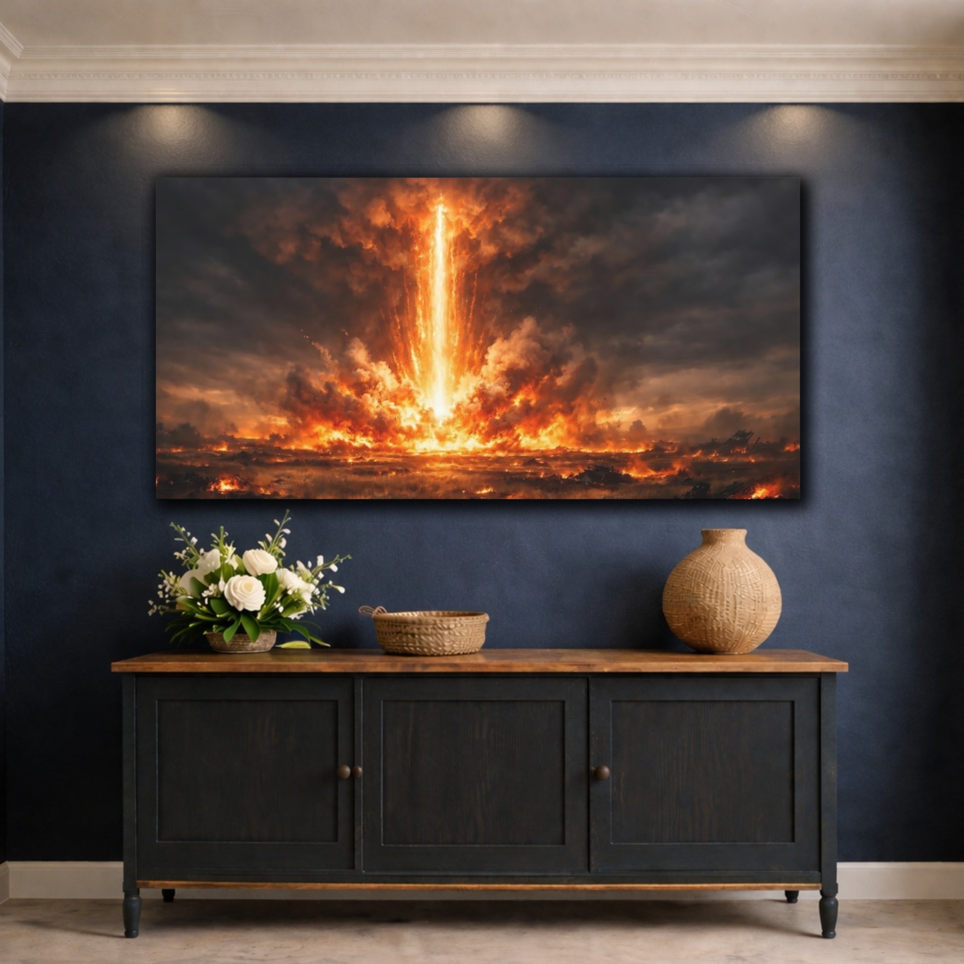 Mockup 4. Science Fiction Energy Beam Orange And Black Explosion shown as stretched canvas wall art