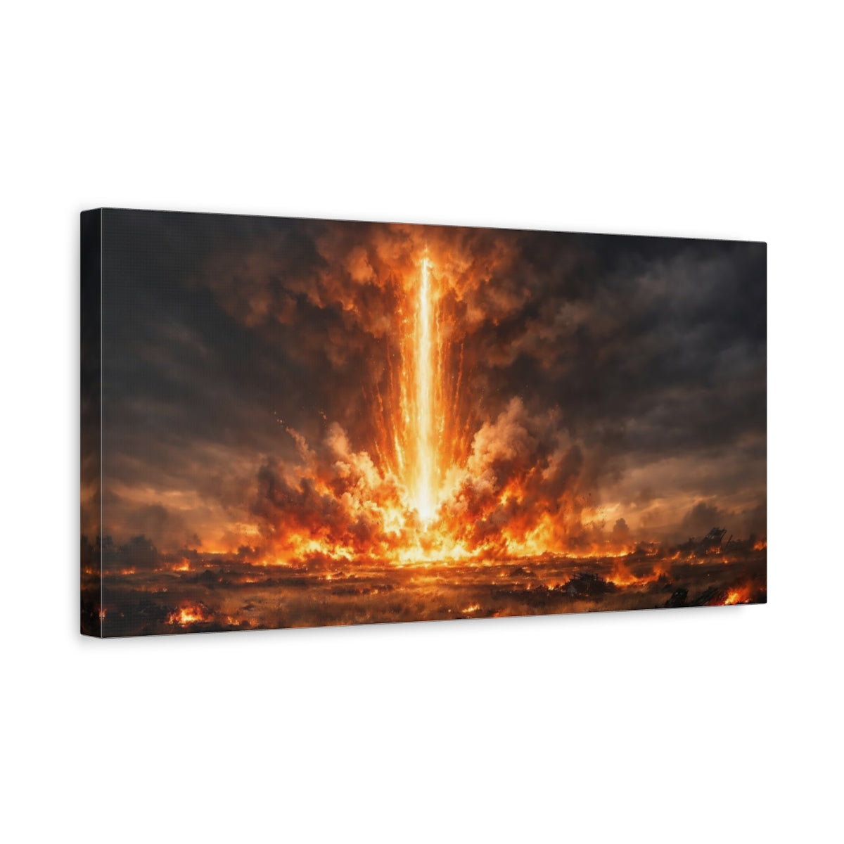 Side Mockup 3. Science Fiction Energy Beam Orange And Black Explosion shown as stretched canvas wall art