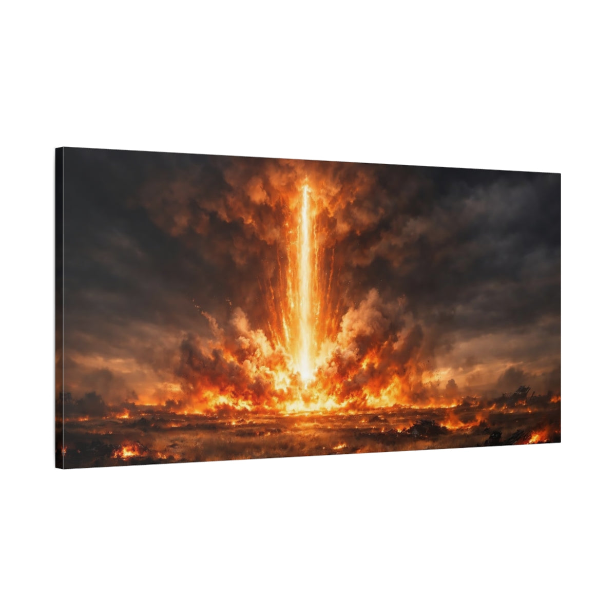 Side Mockup 1. Science Fiction Energy Beam Orange And Black Explosion shown as stretched canvas wall art