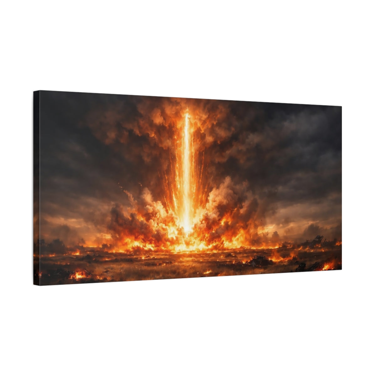 Side Mockup 2. Science Fiction Energy Beam Orange And Black Explosion shown as stretched canvas wall art