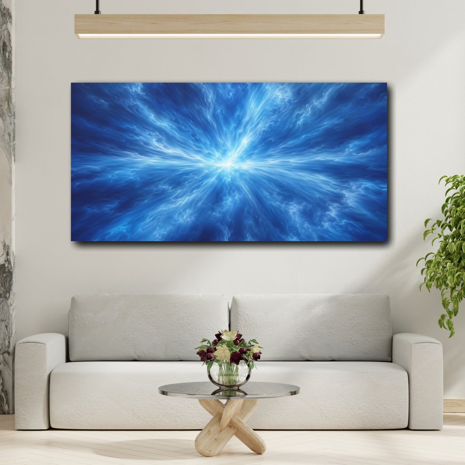 Mockup 3. Science Fiction Energy Burst Blue Energy shown as stretched canvas wall art