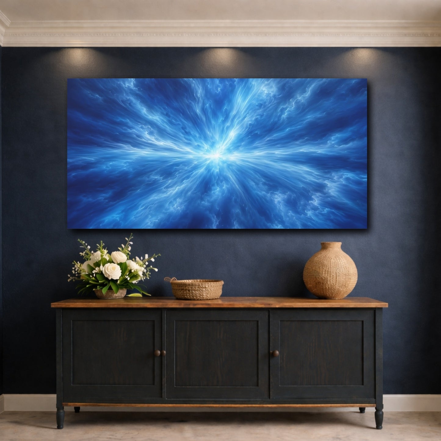 Mockup 4. Science Fiction Energy Burst Blue Energy shown as stretched canvas wall art