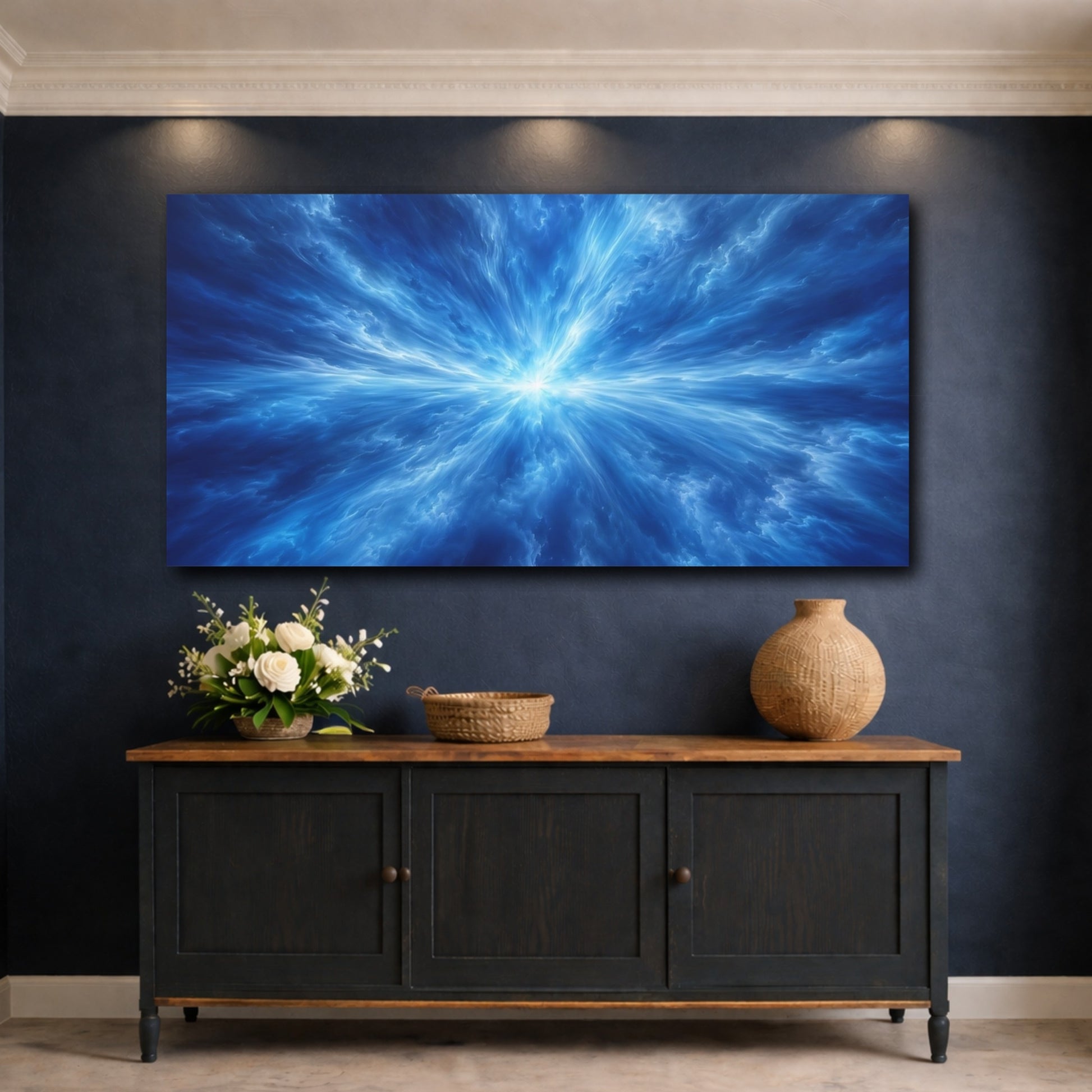 Mockup 4. Science Fiction Energy Burst Blue Energy shown as stretched canvas wall art