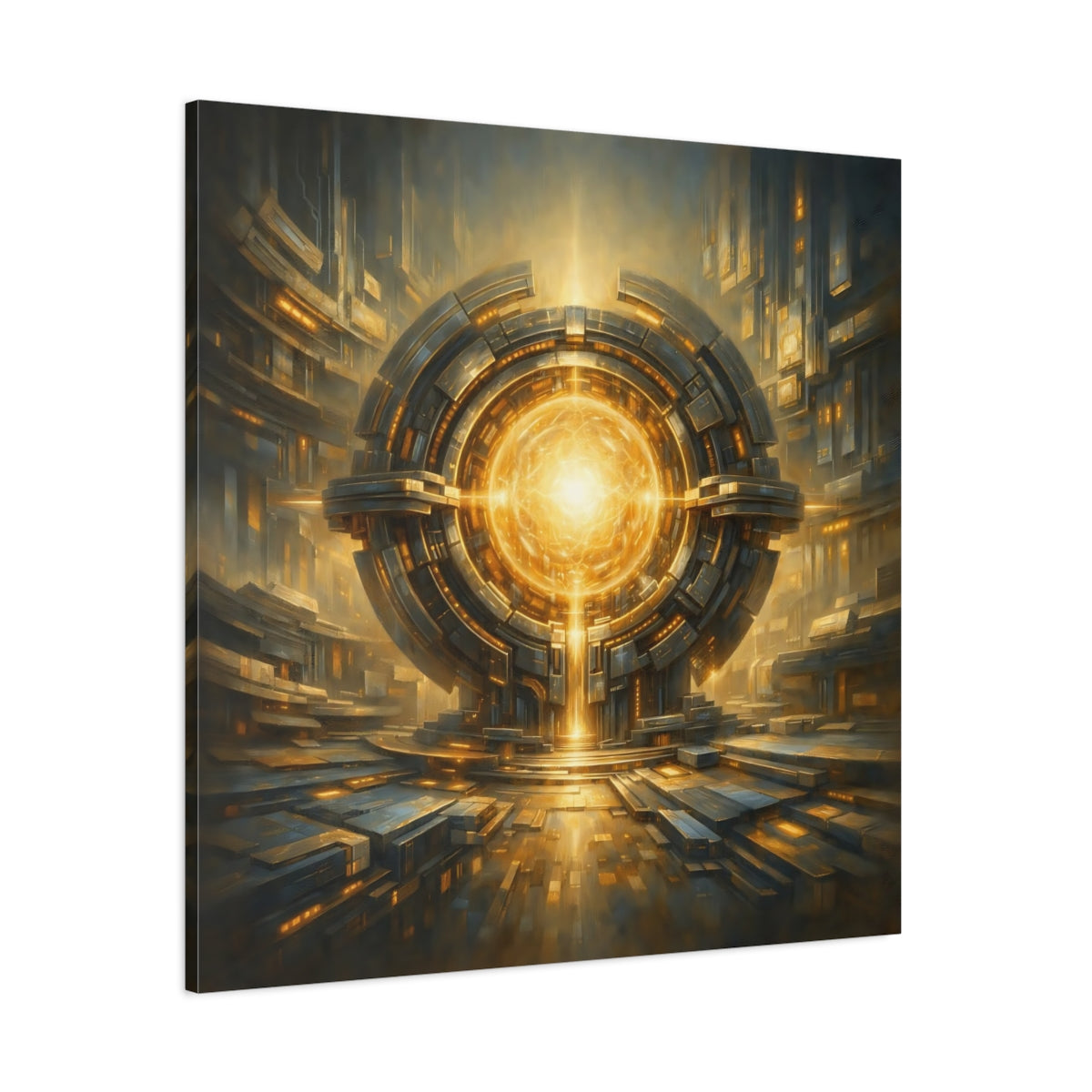 Main Mockup. Science Fiction Energy Core Gold And Blue Sci-Fi shown as stretched canvas wall art