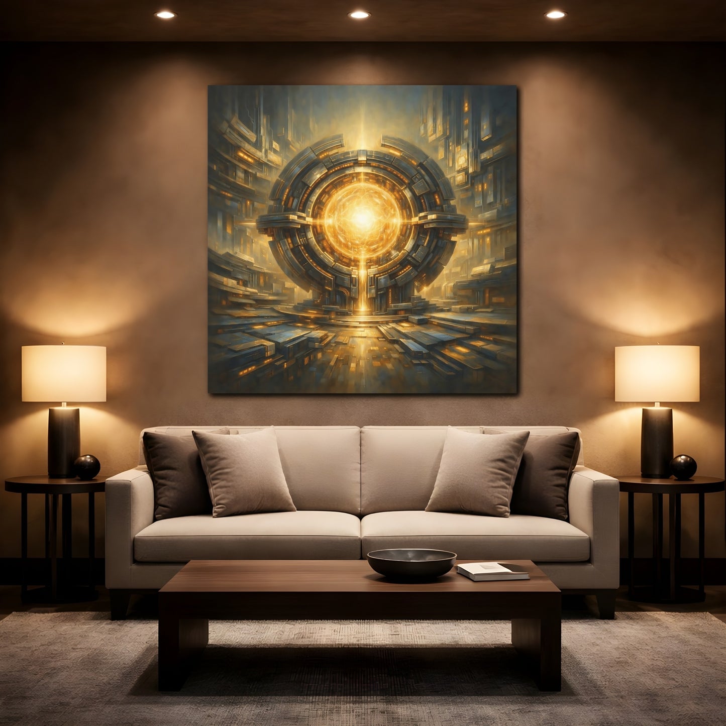 Mockup 2. Science Fiction Energy Core Gold And Blue Sci-Fi shown as stretched canvas wall art