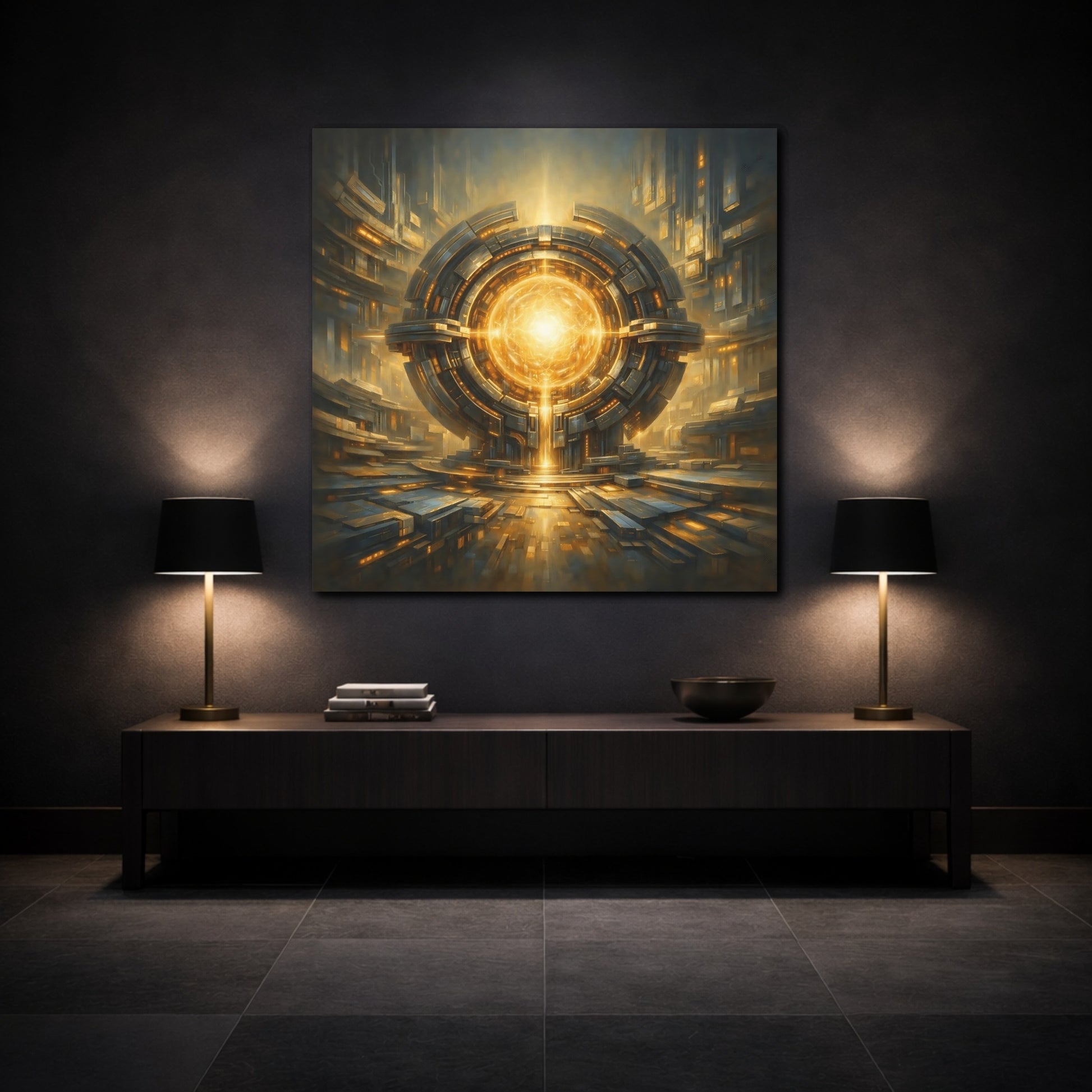 Mockup 3. Science Fiction Energy Core Gold And Blue Sci-Fi shown as stretched canvas wall art
