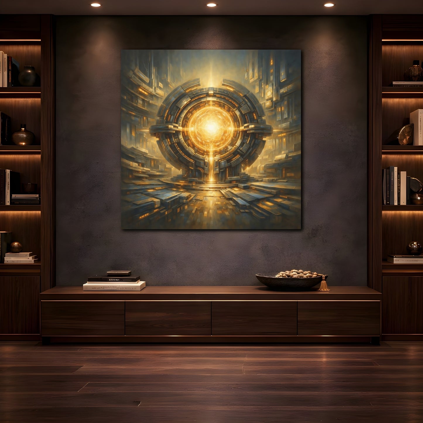 Mockup 4. Science Fiction Energy Core Gold And Blue Sci-Fi shown as stretched canvas wall art