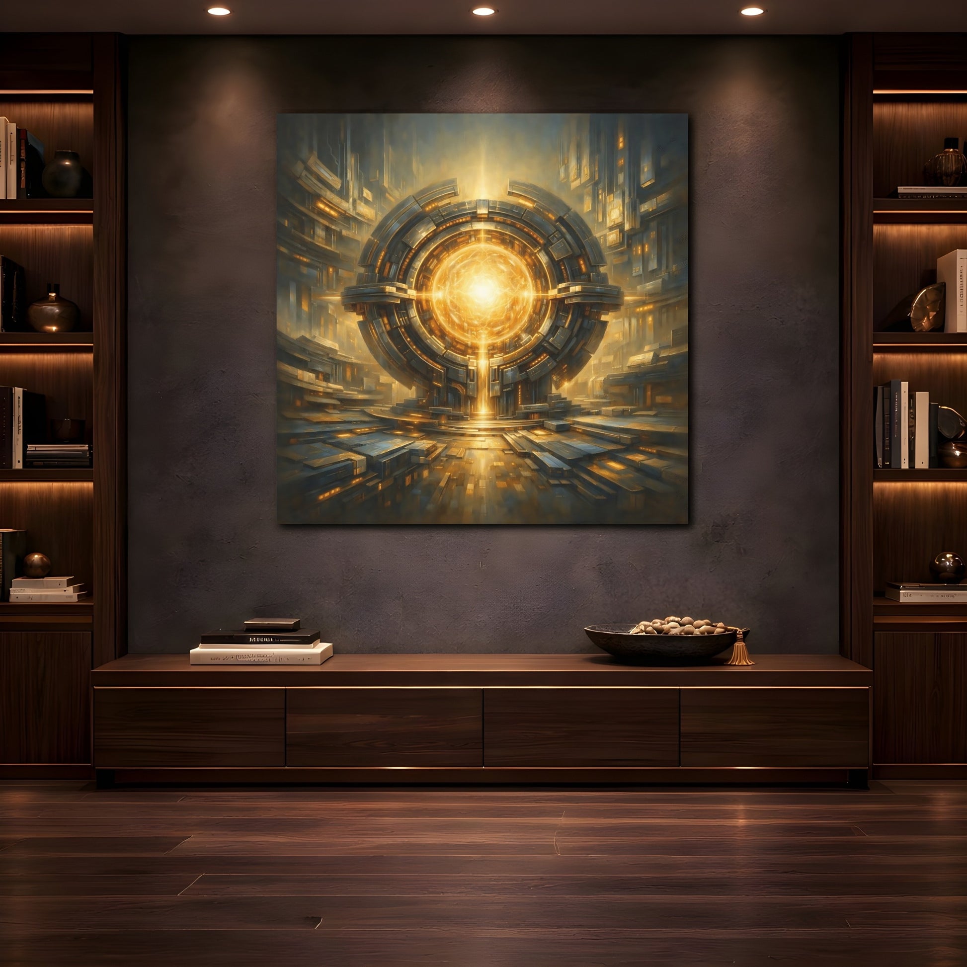 Mockup 4. Science Fiction Energy Core Gold And Blue Sci-Fi shown as stretched canvas wall art