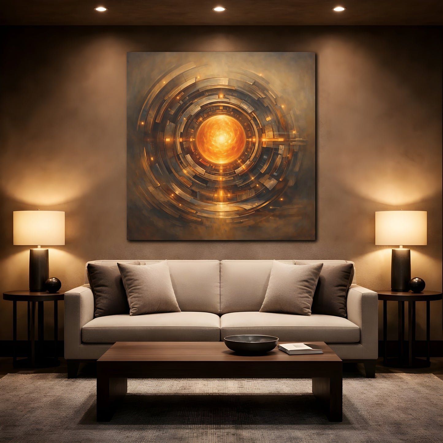 Mockup 2. Science Fiction Energy Core Orange Gold Core shown as stretched canvas wall art