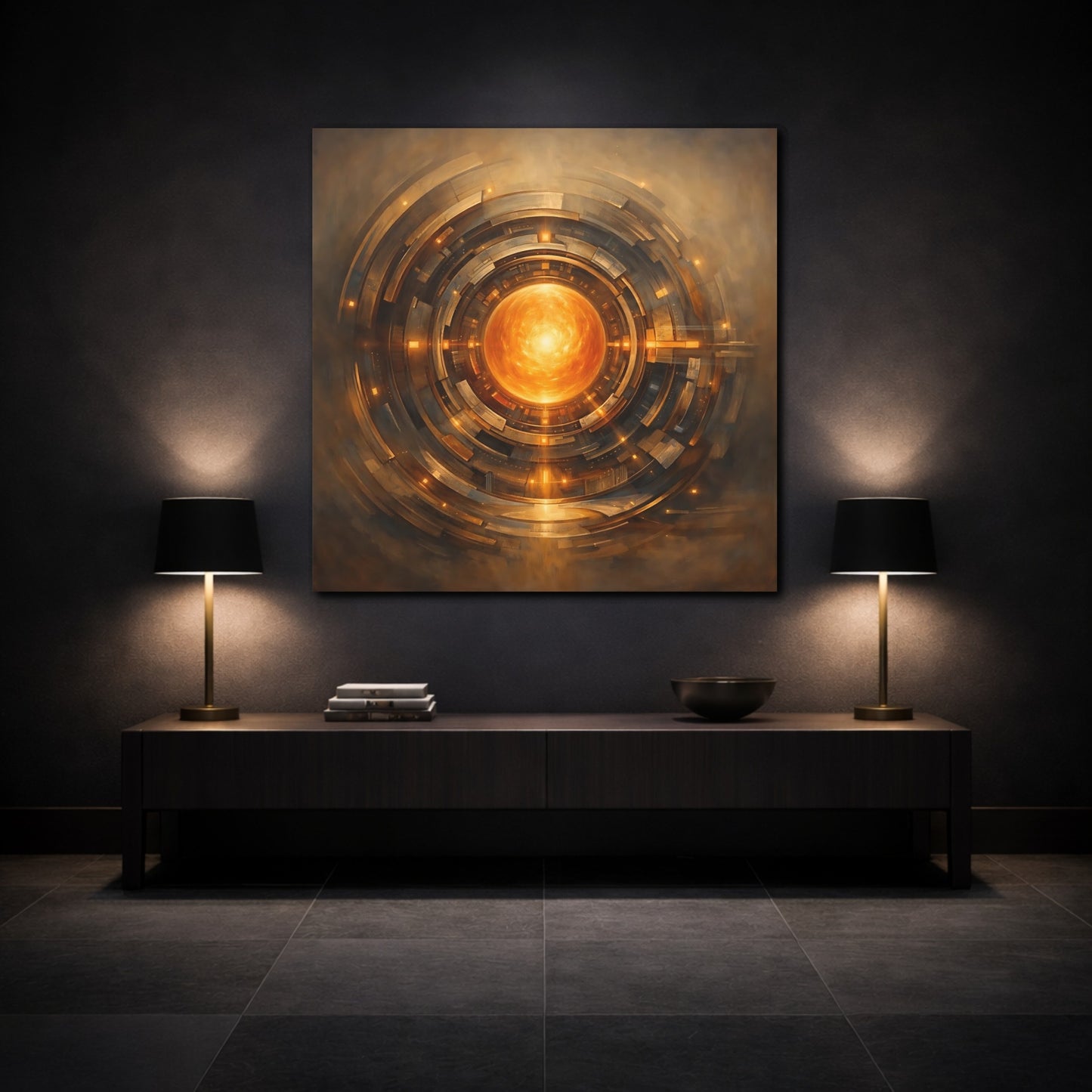 Mockup 3. Science Fiction Energy Core Orange Gold Core shown as stretched canvas wall art