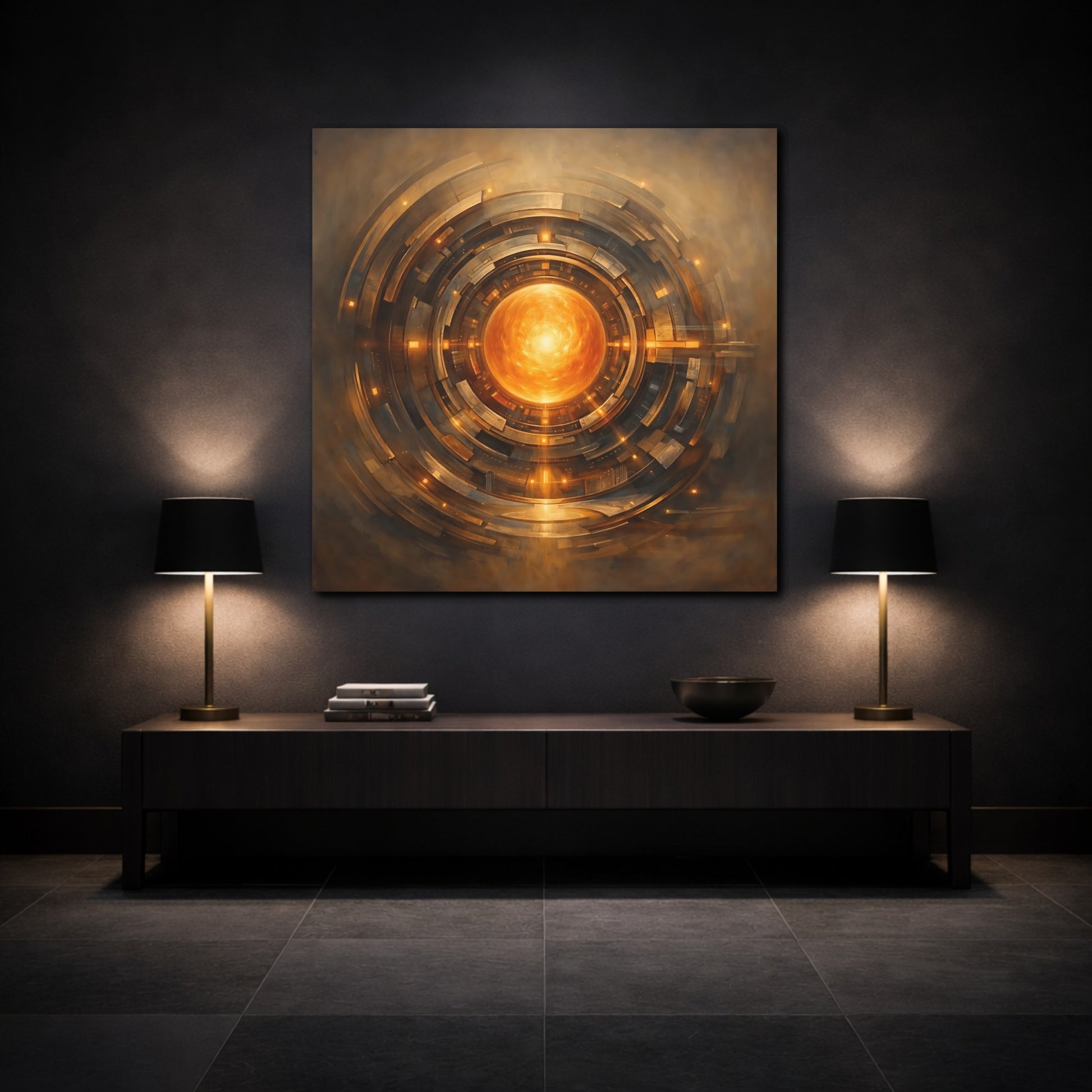 Mockup 3. Science Fiction Energy Core Orange Gold Core shown as stretched canvas wall art