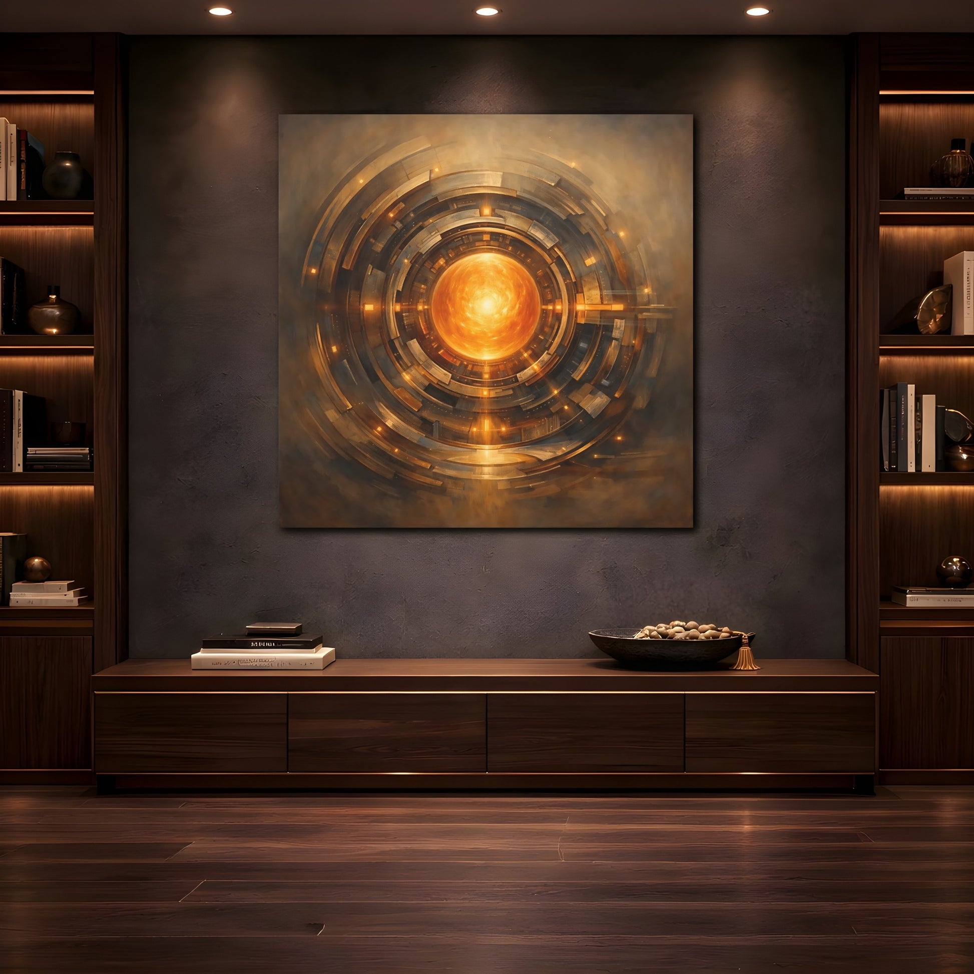 Mockup 4. Science Fiction Energy Core Orange Gold Core shown as stretched canvas wall art
