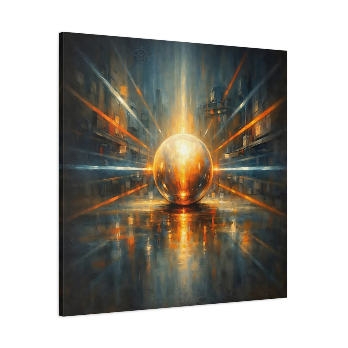 Main Mockup. Science Fiction Energy Orb Orange Blue Abstract shown as stretched canvas wall art