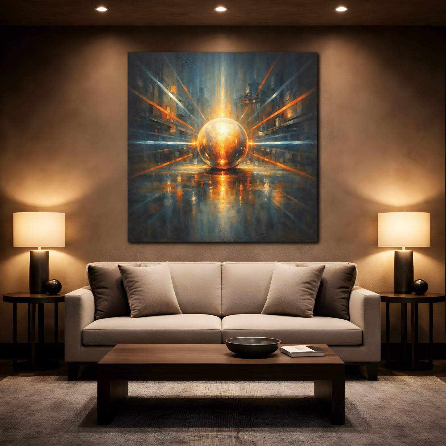 Mockup 2. Science Fiction Energy Orb Orange Blue Abstract shown as stretched canvas wall art