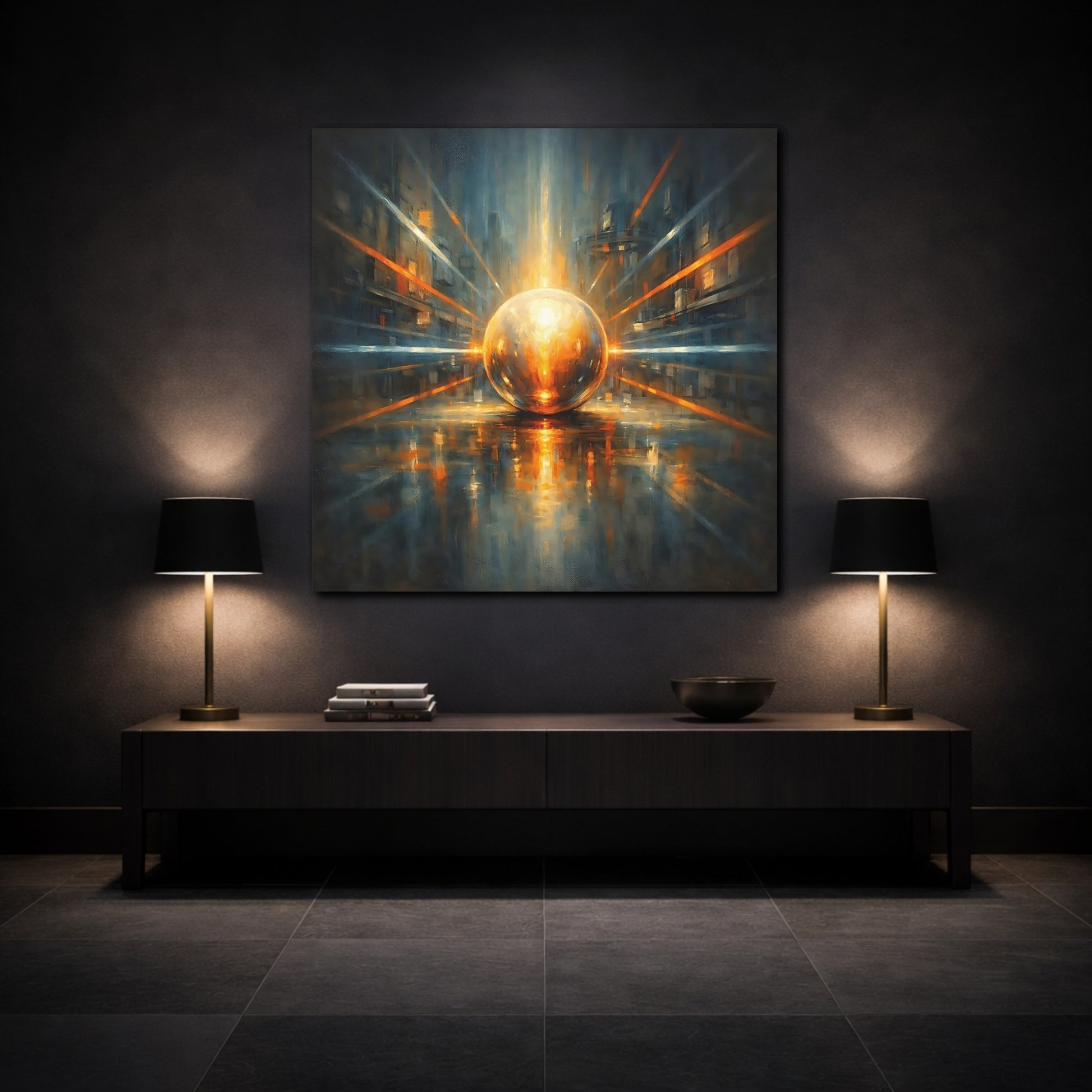 Mockup 3. Science Fiction Energy Orb Orange Blue Abstract shown as stretched canvas wall art