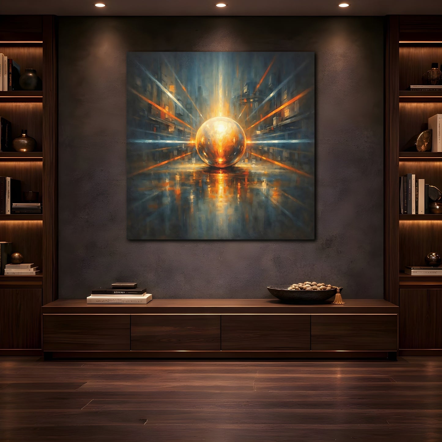 Mockup 4. Science Fiction Energy Orb Orange Blue Abstract shown as stretched canvas wall art