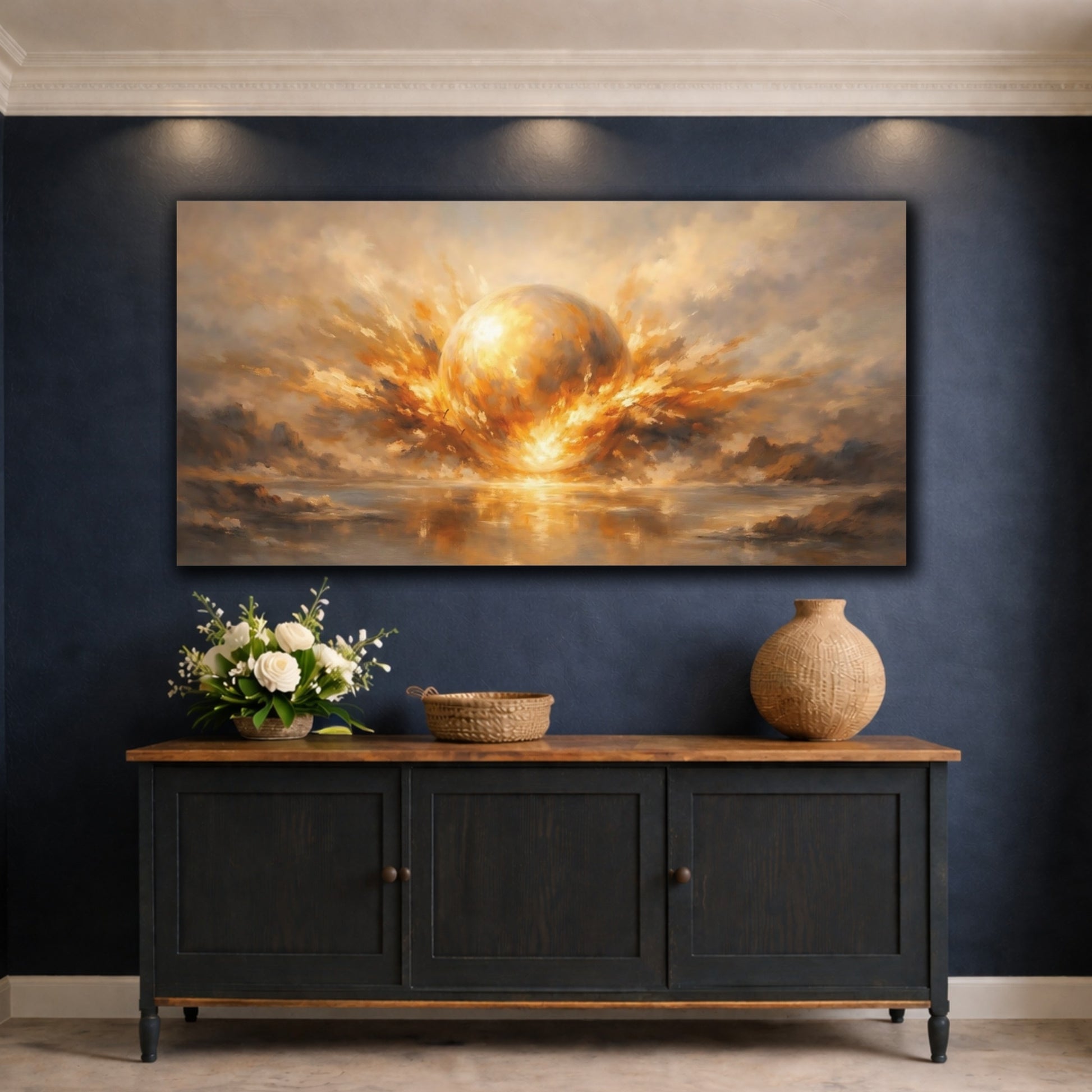 Mockup 4. Science Fiction Energy Sphere Golden Energy Orb shown as stretched canvas wall art
