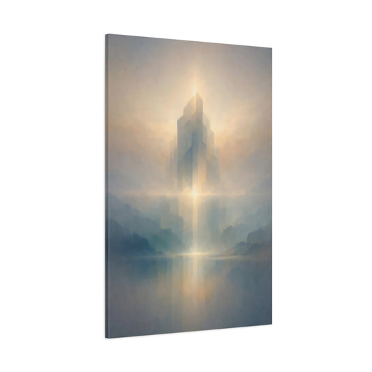 Science Fiction Ethereal City Misty Landscape shown as stretched canvas wall art