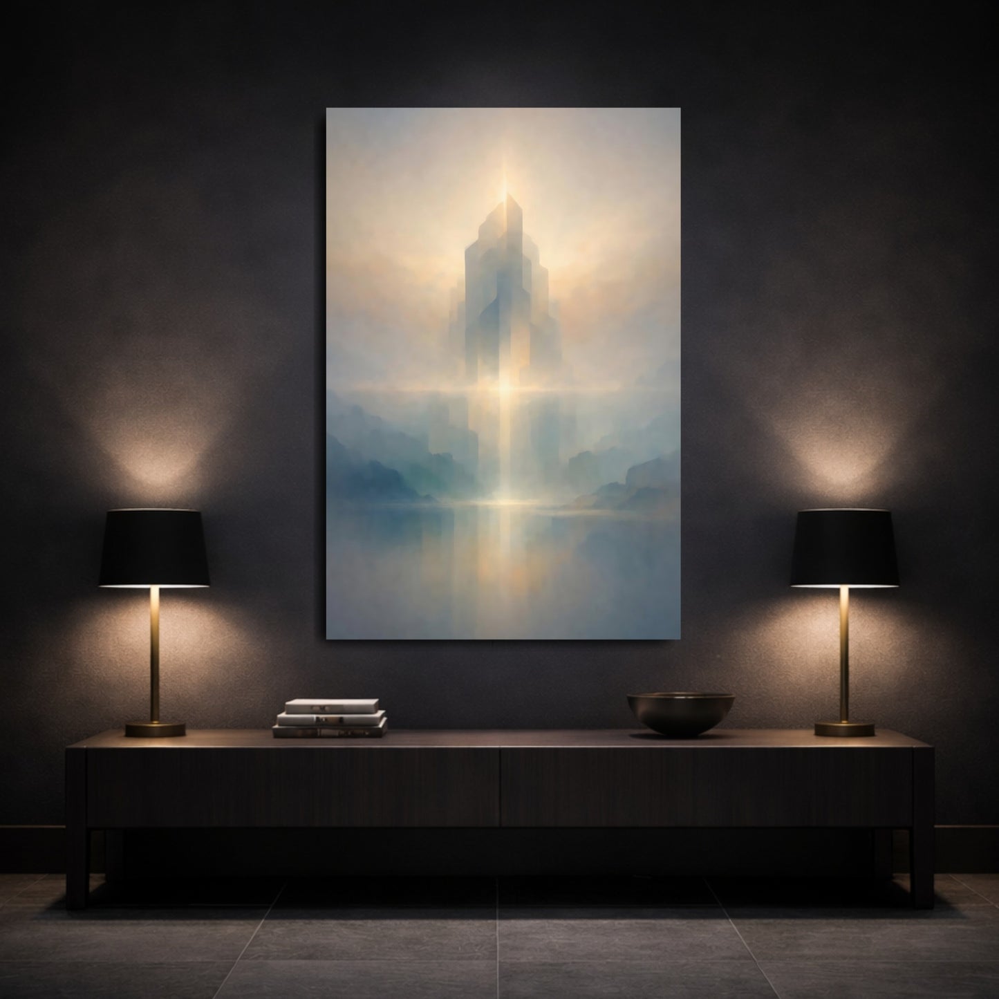 Science Fiction Ethereal City Misty Landscape shown as front canvas room wall art
