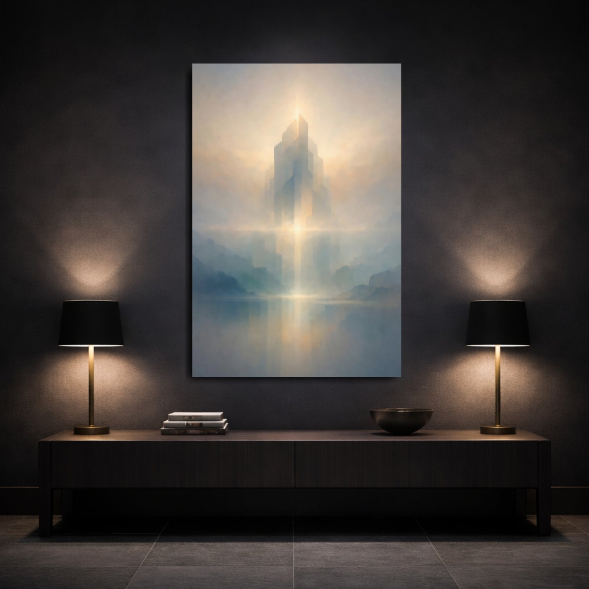 Science Fiction Ethereal City Misty Landscape shown as front canvas room wall art