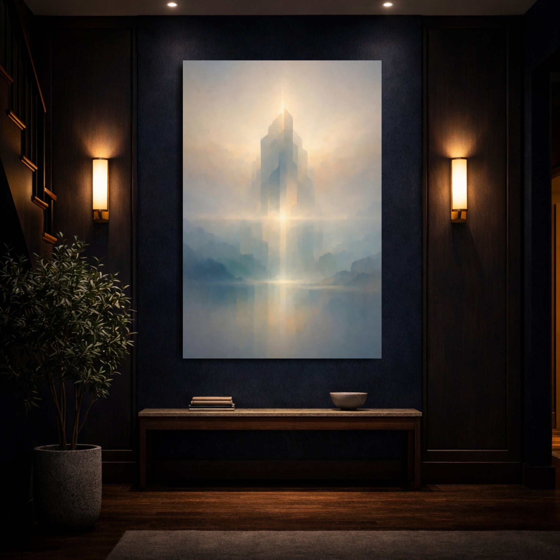 Science Fiction Ethereal City Misty Landscape shown as front canvas room wall art