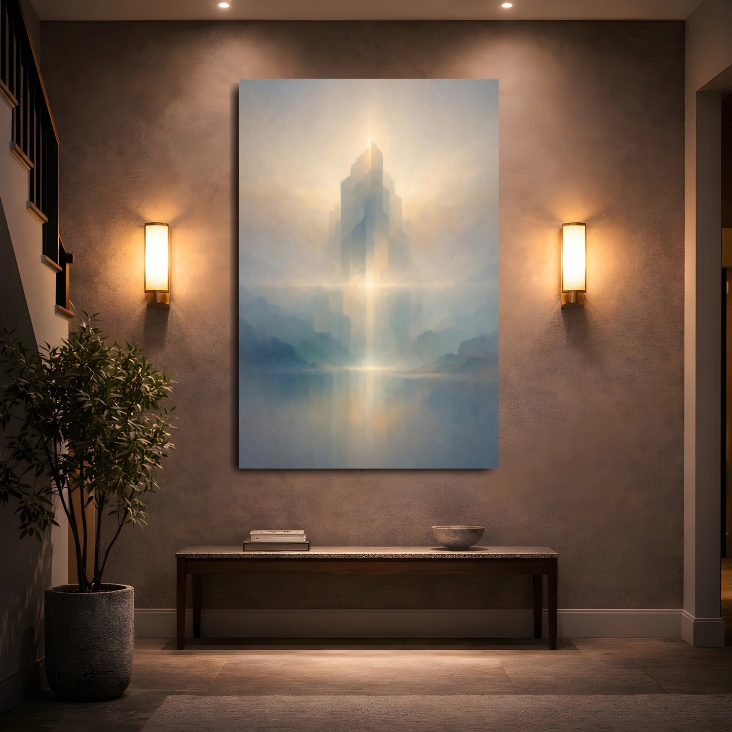 Science Fiction Ethereal City Misty Landscape shown as front canvas room wall art
