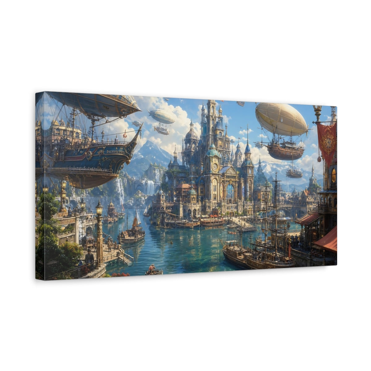 Side Mockup 3. Science Fiction Fantasy City Blue And Gold City shown as stretched canvas wall art