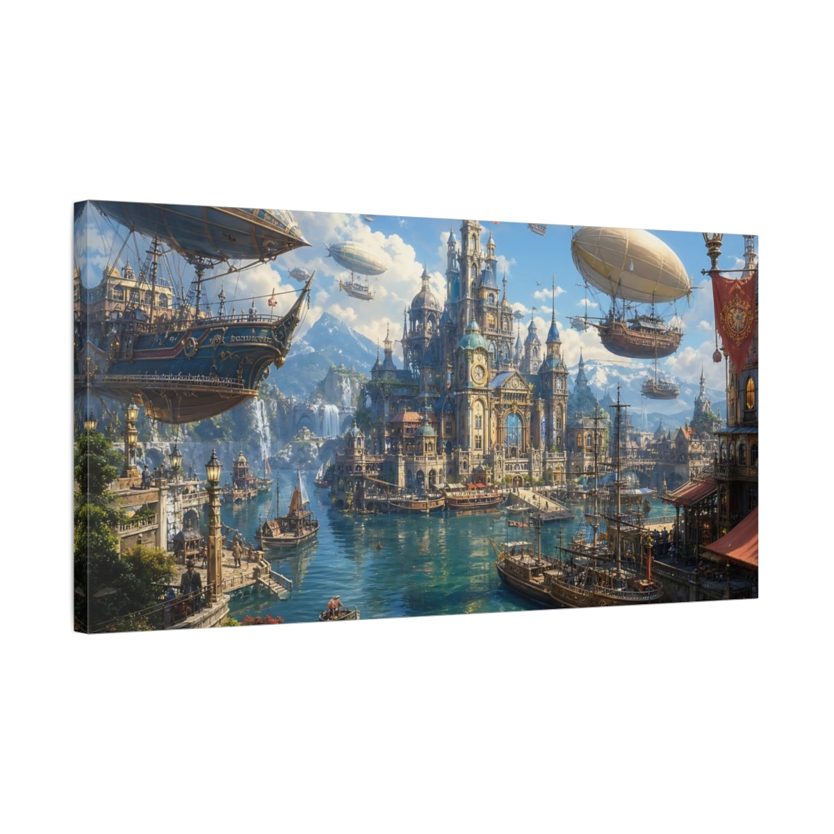 Side Mockup 1. Science Fiction Fantasy City Blue And Gold City shown as stretched canvas wall art