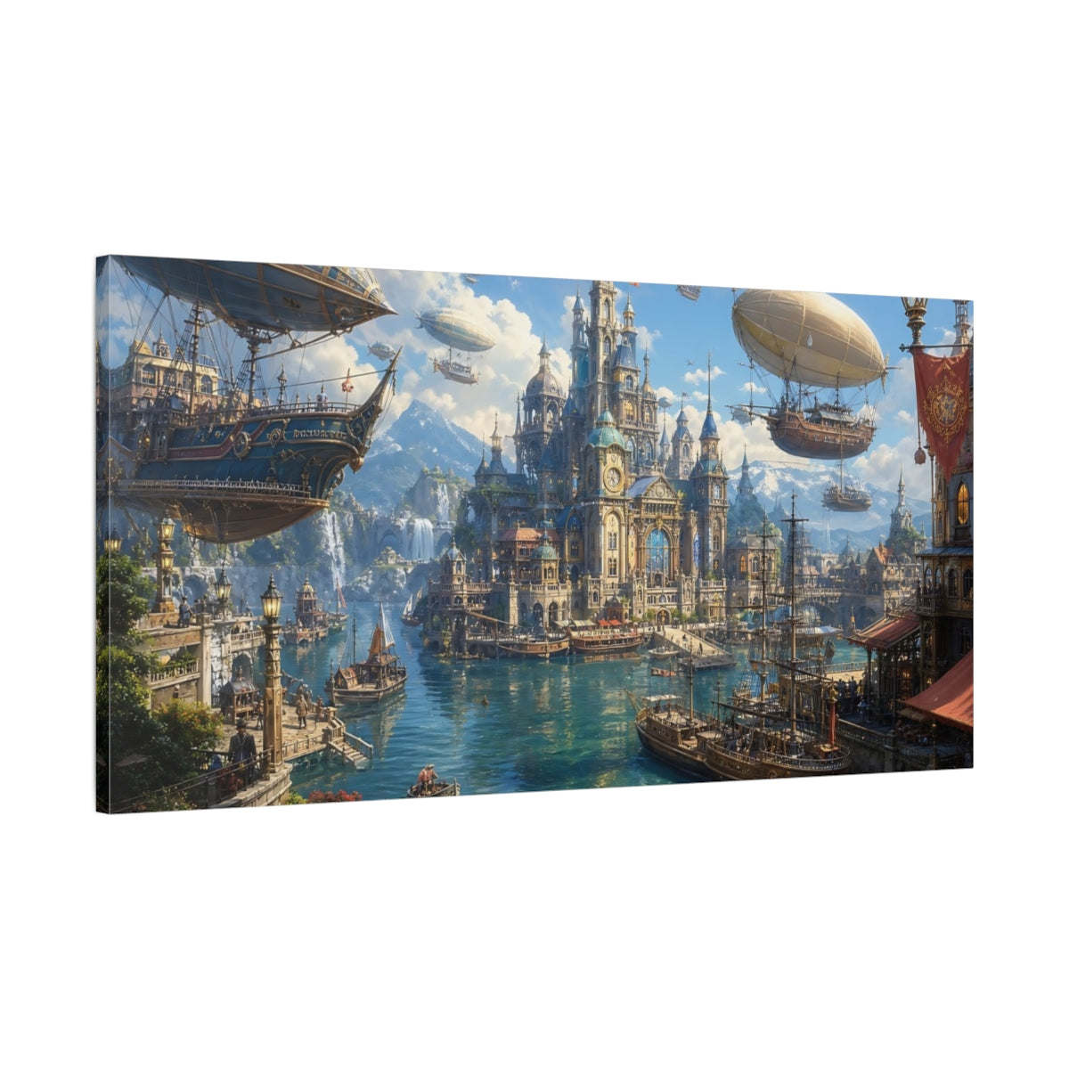 Main Mockup. Science Fiction Fantasy City Blue And Gold City shown as stretched canvas wall art