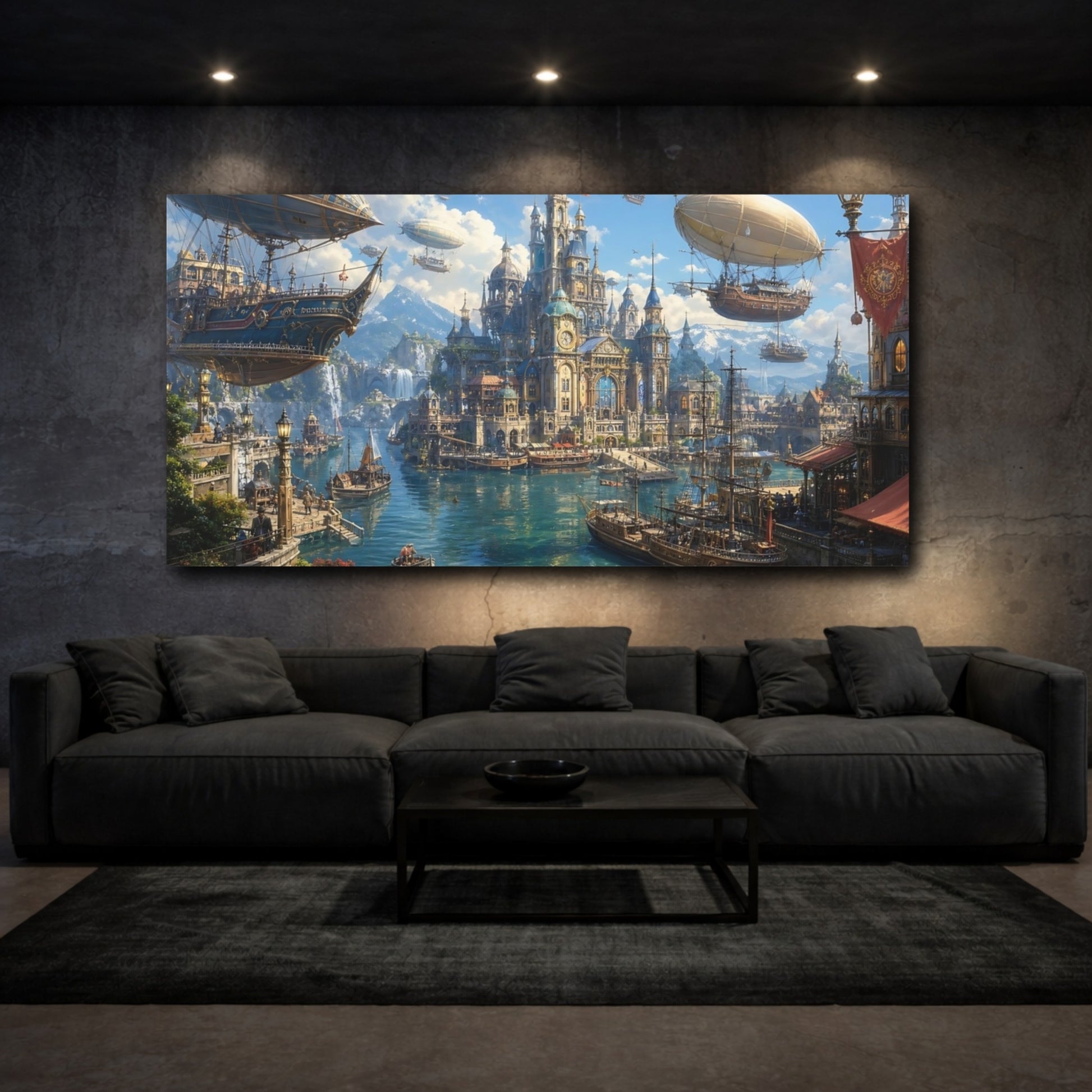 Mockup 2. Science Fiction Fantasy City Blue And Gold City shown as stretched canvas wall art