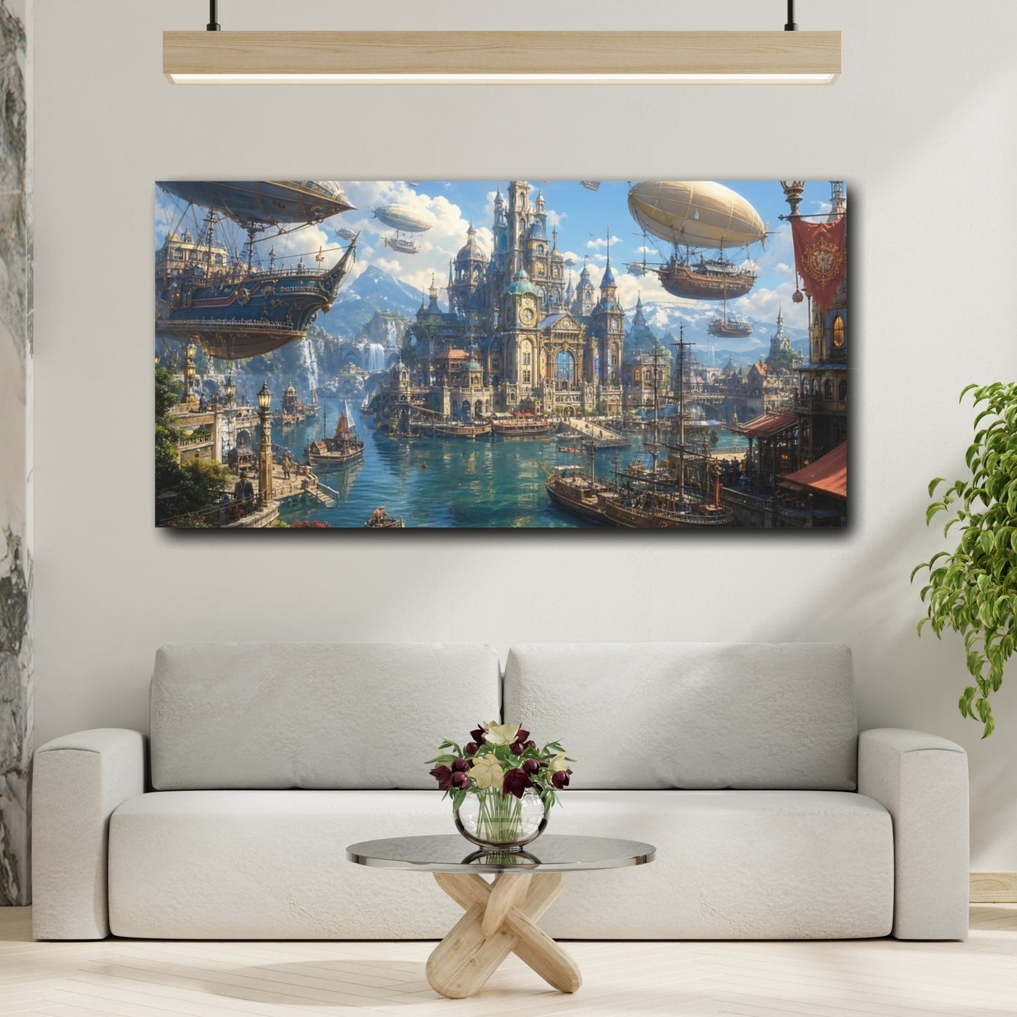 Mockup 3. Science Fiction Fantasy City Blue And Gold City shown as stretched canvas wall art