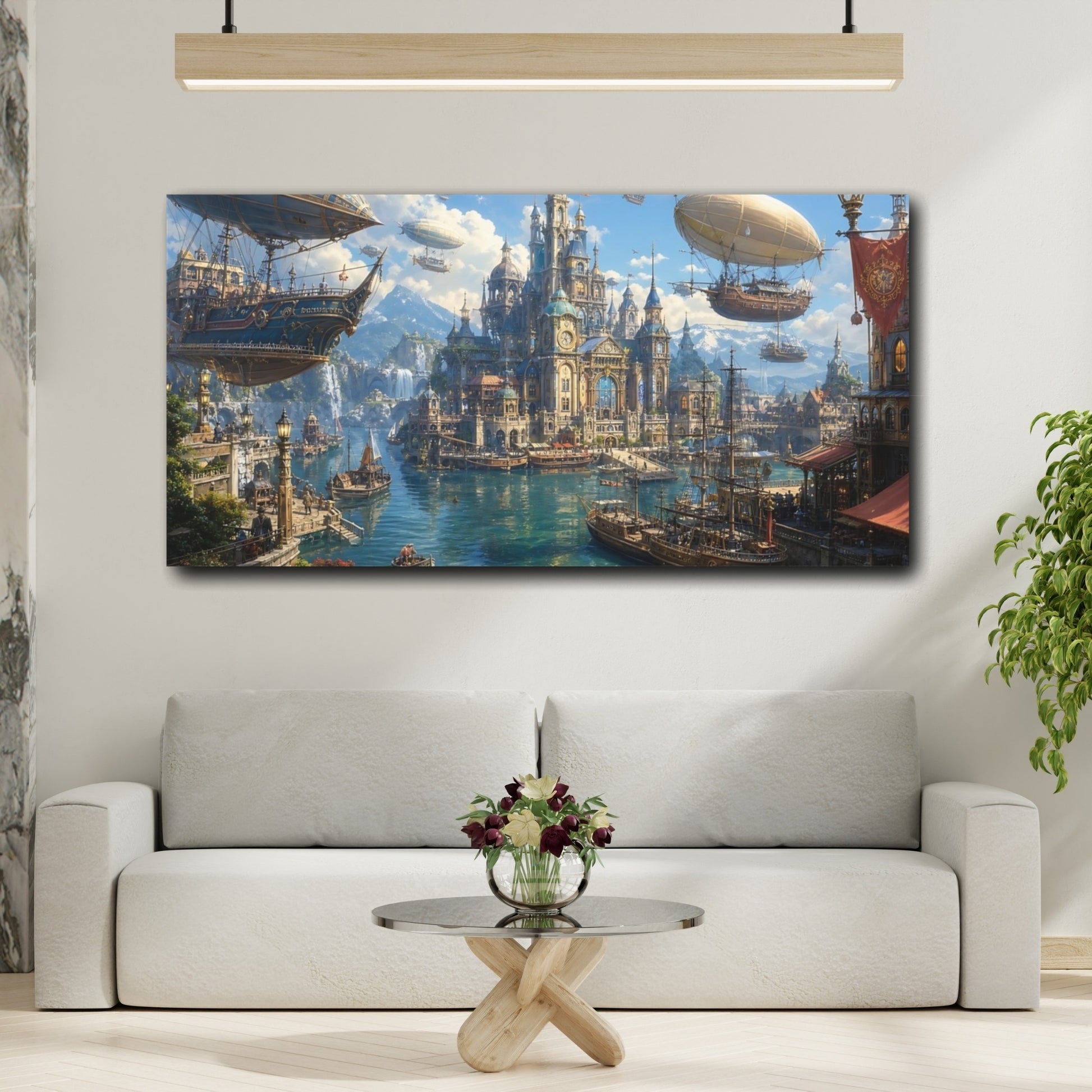 Mockup 3. Science Fiction Fantasy City Blue And Gold City shown as stretched canvas wall art