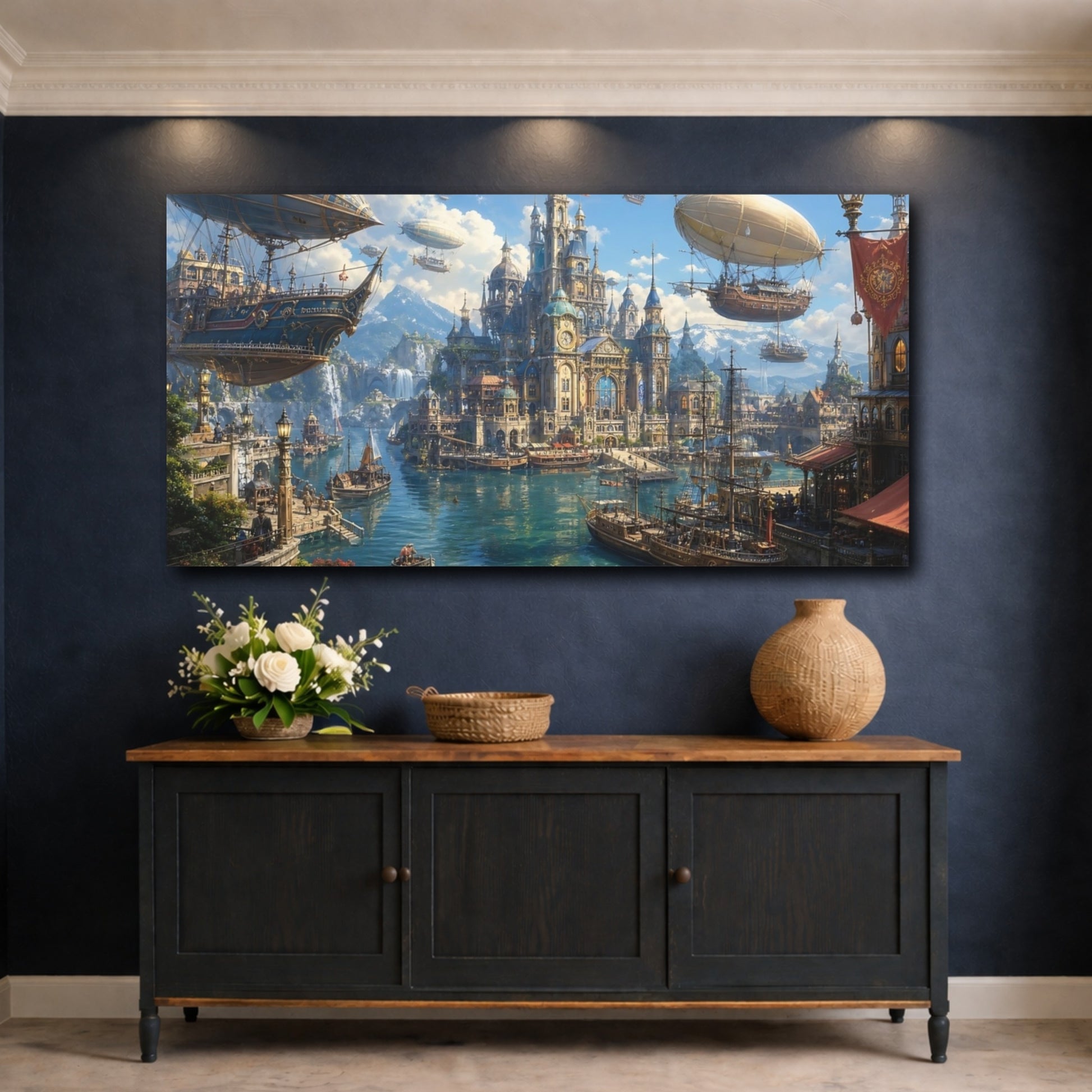 Mockup 4. Science Fiction Fantasy City Blue And Gold City shown as stretched canvas wall art