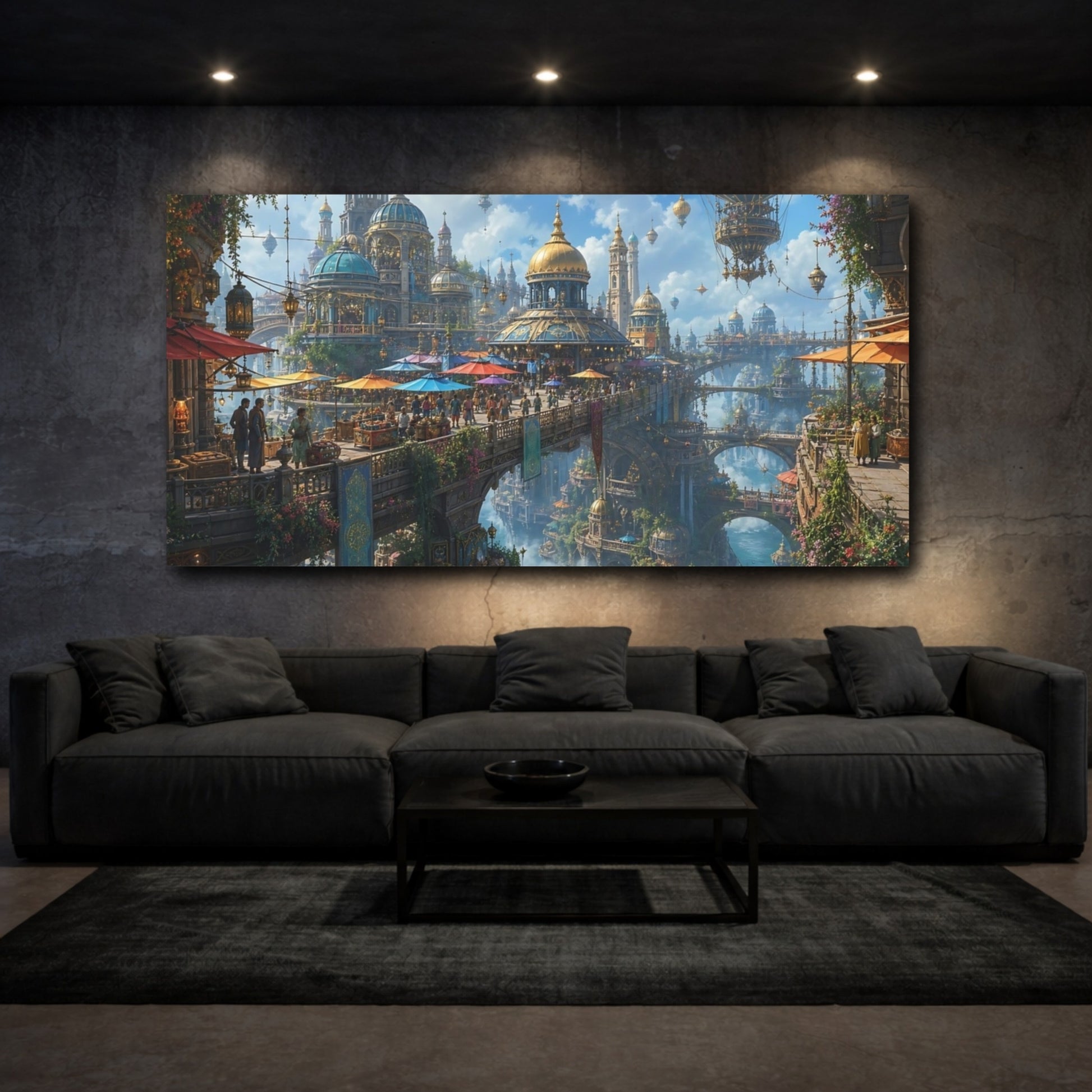 Mockup 2. Science Fiction Fantasy City Fantasy Cityscape shown as stretched canvas wall art