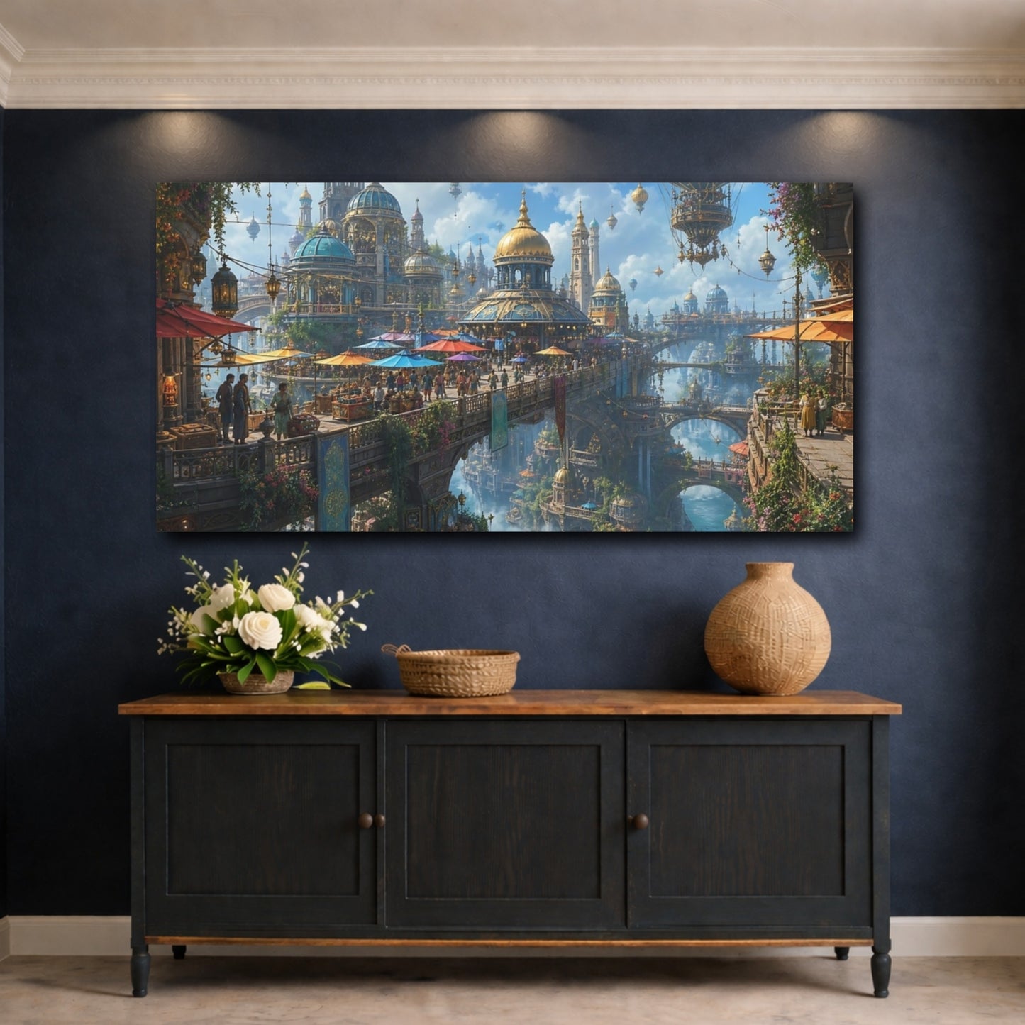 Mockup 4. Science Fiction Fantasy City Fantasy Cityscape shown as stretched canvas wall art