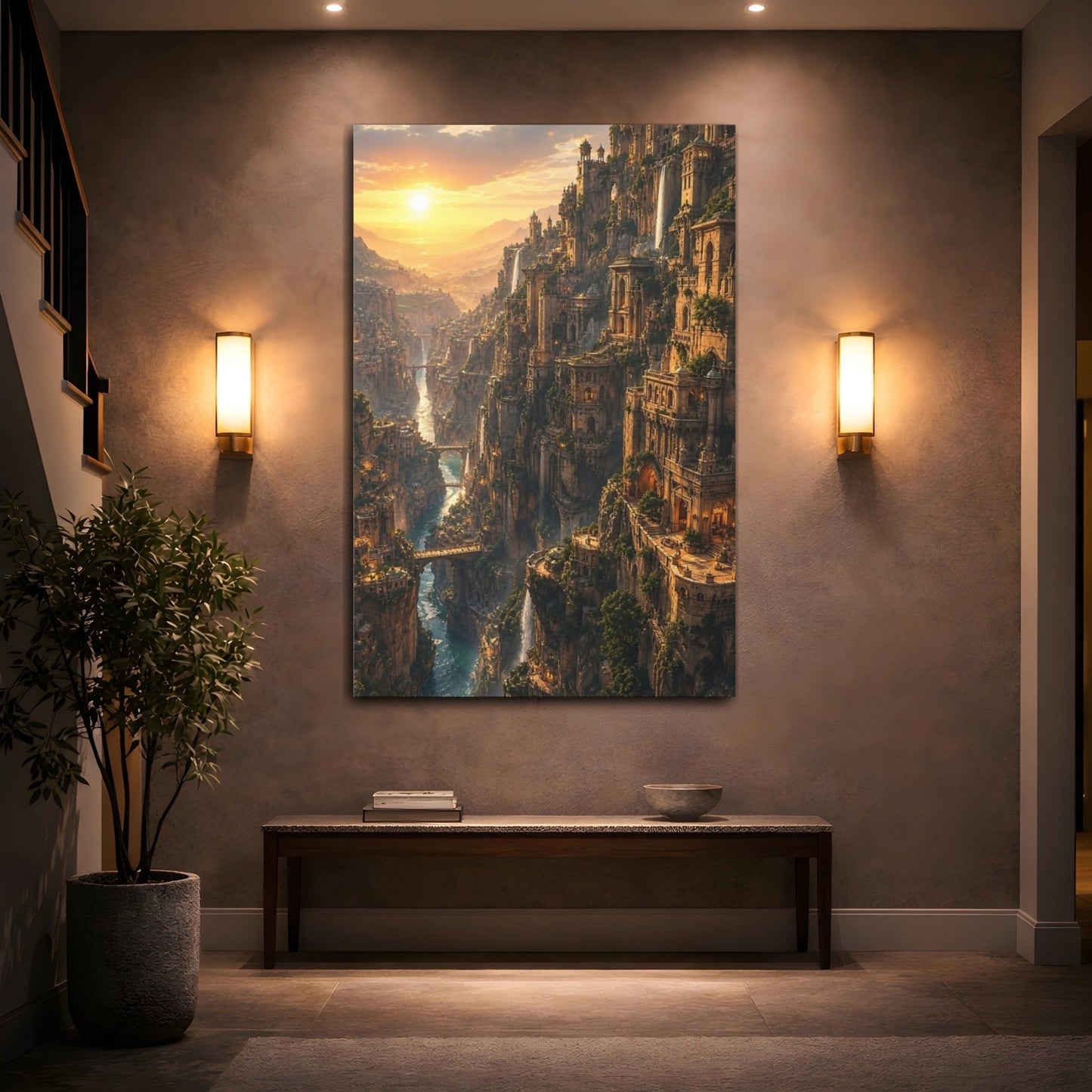Science Fiction Fantasy City Golden Canyon Canvas Wall Art Print – Living Room, Large - YesArtYes