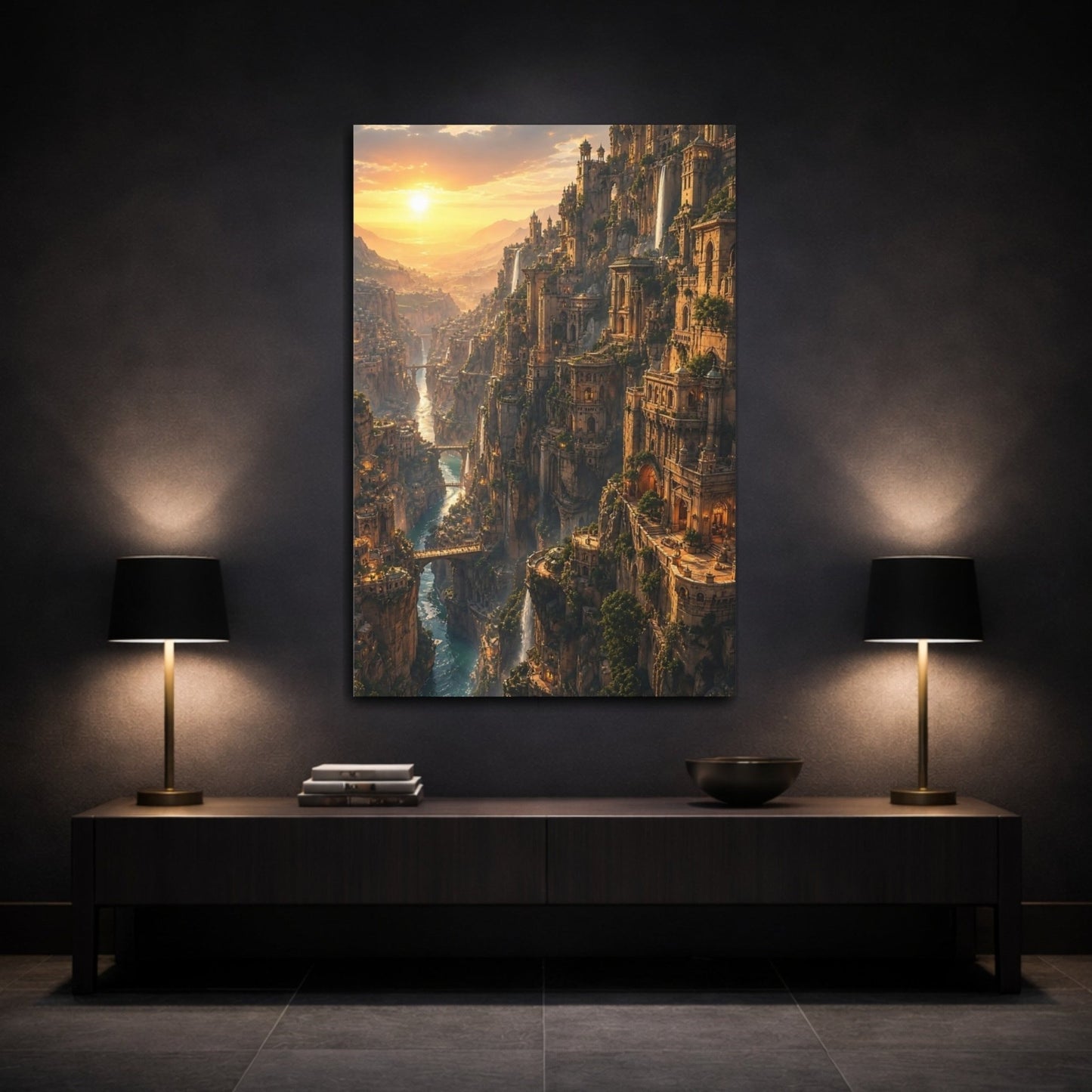 Science Fiction Fantasy City Golden Canyon Canvas Wall Art Print – Living Room, Large - YesArtYes
