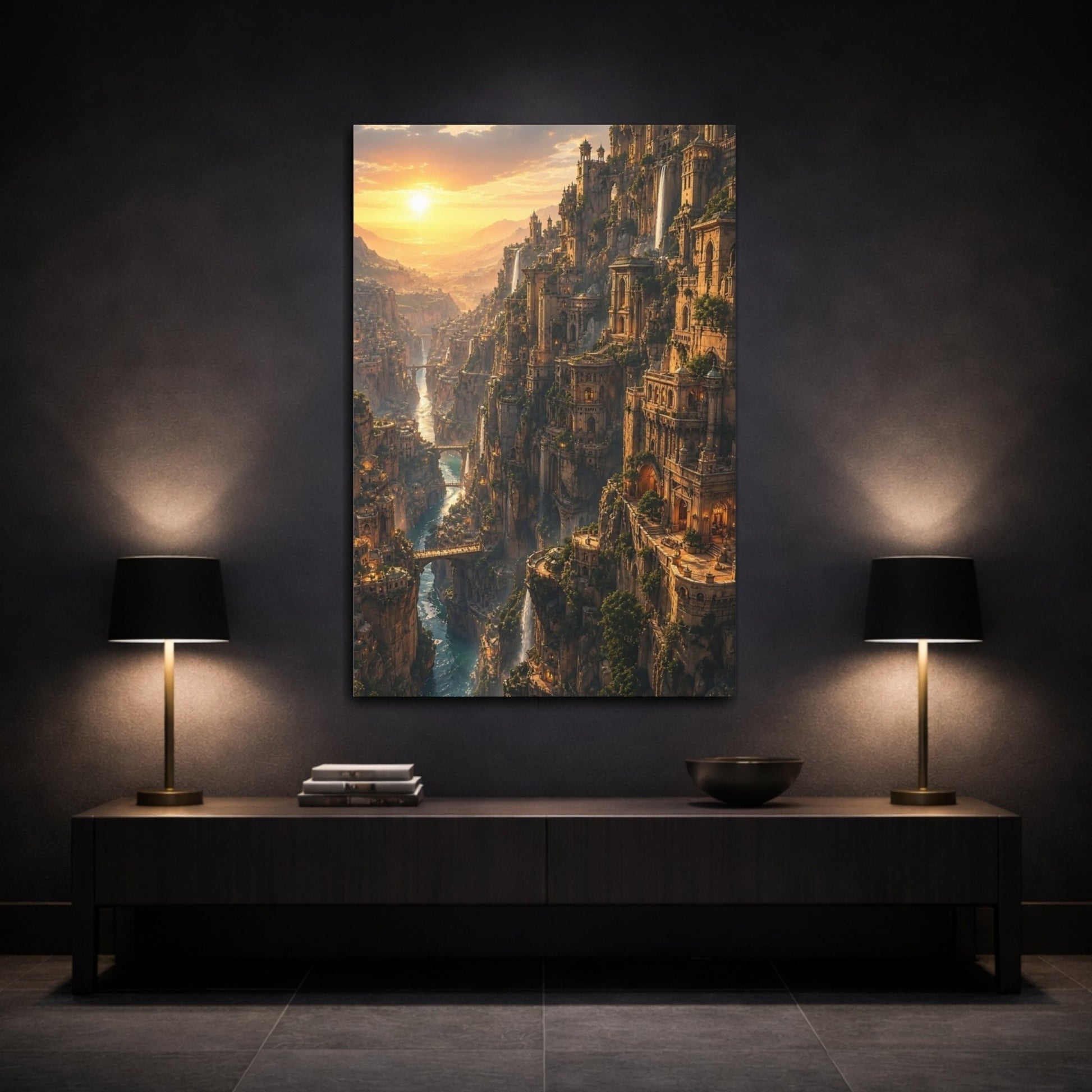 Science Fiction Fantasy City Golden Canyon Canvas Wall Art Print – Living Room, Large - YesArtYes