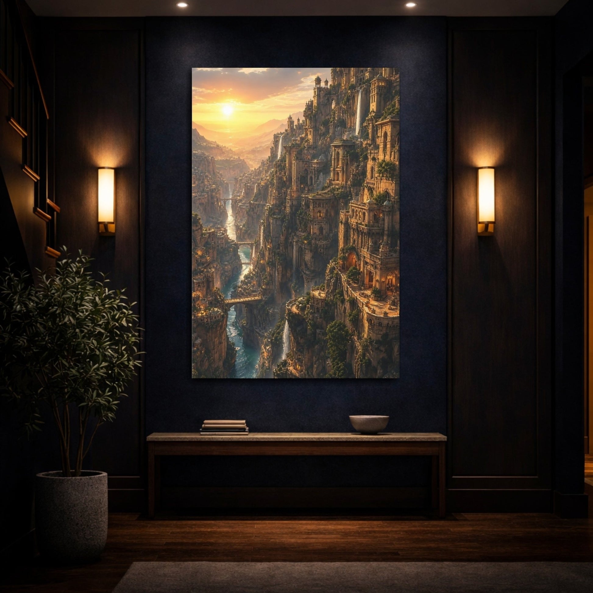 Science Fiction Fantasy City Golden Canyon Canvas Wall Art Print – Living Room, Large - YesArtYes