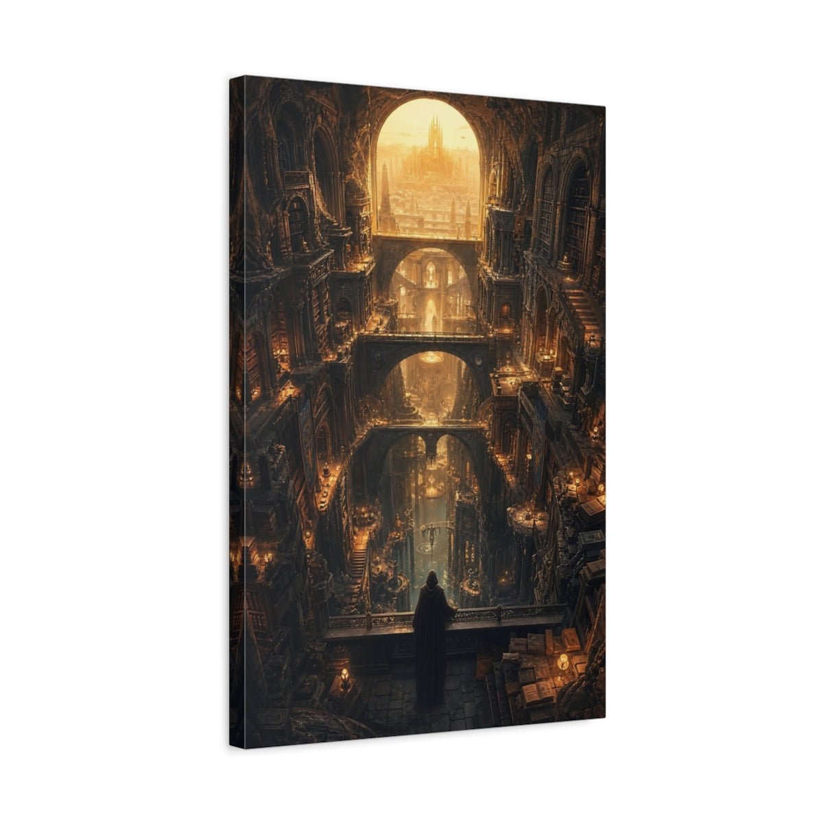 Science Fiction Fantasy City Golden Cityscape Canvas Print – Gothic Living Room, Above Fireplace - YesArtYes
