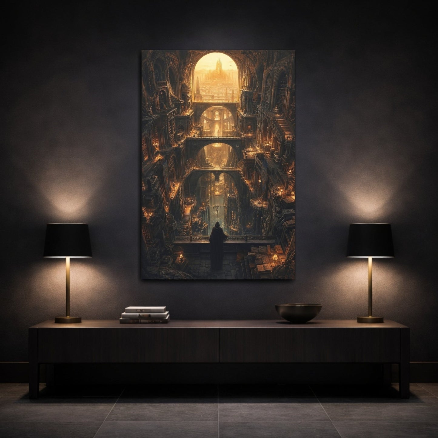 Science Fiction Fantasy City Golden Cityscape Canvas Print – Gothic Living Room, Above Fireplace - YesArtYes