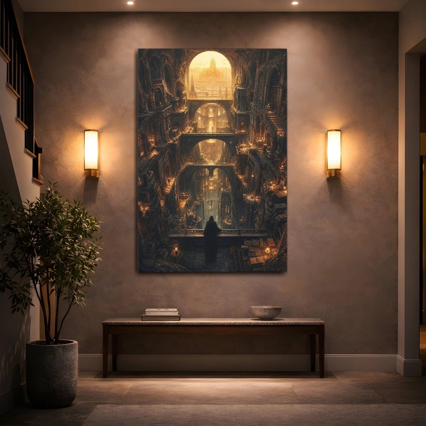 Science Fiction Fantasy City Golden Cityscape Canvas Print – Gothic Living Room, Above Fireplace - YesArtYes