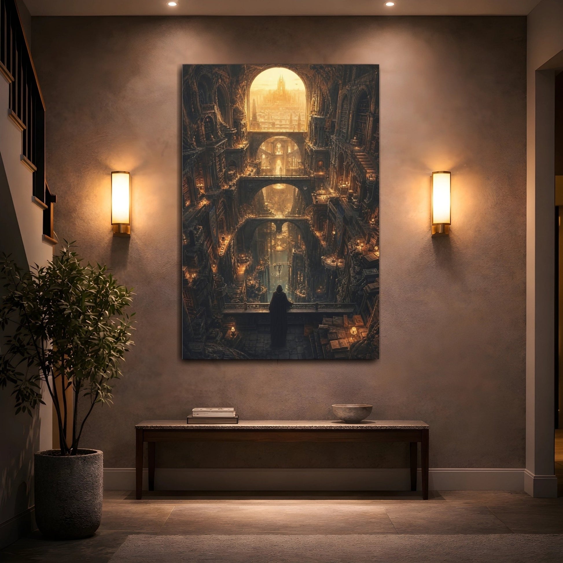 Science Fiction Fantasy City Golden Cityscape Canvas Print – Gothic Living Room, Above Fireplace - YesArtYes